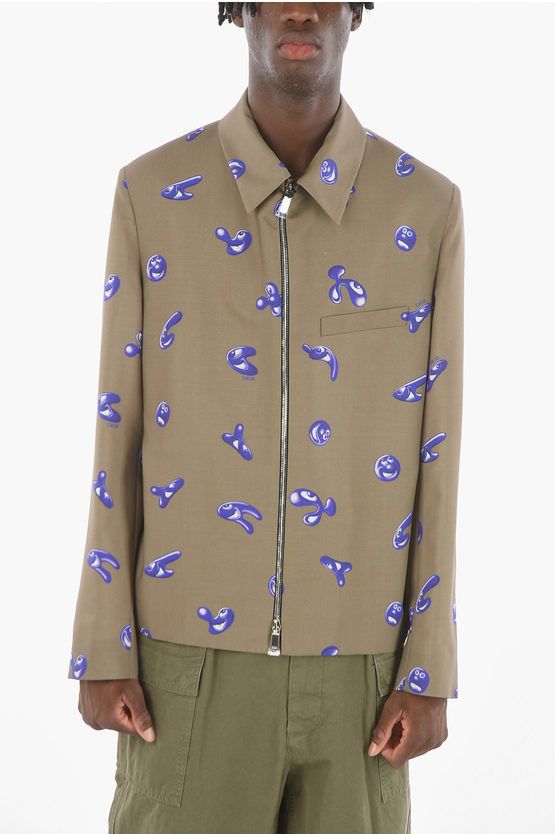 image of Kenny Scharf X Dior Homme Virgin Wool-Blend Zip-Up Jacket Wi in Military Green, Men's (Size Small)