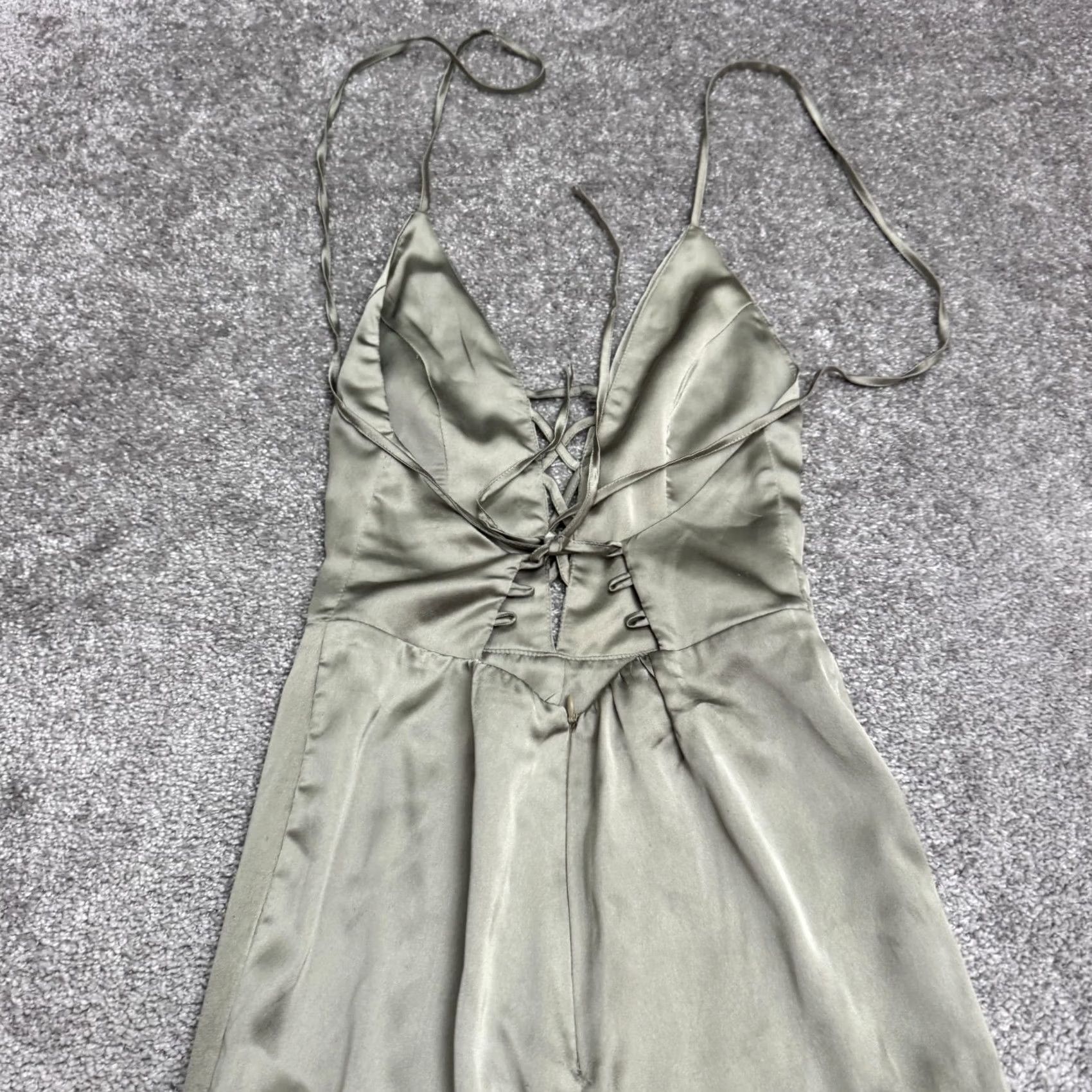 Vintage Tiger Mist Satin Lace Up Wide Leg Jumpsuit Womens XS Sage Green Party Size 26" / US 2 / IT 38 - 3 Thumbnail