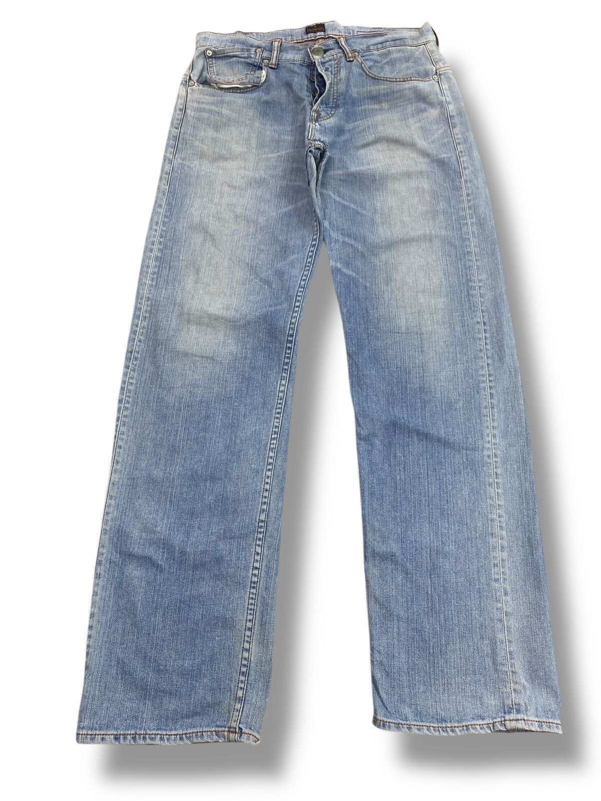 Japanese Brand Faded Blue Wash Style Buckle Back Jeans