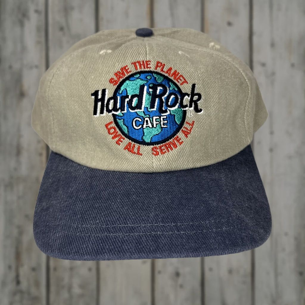 Hard Rock Cafe VINTAGE Hard Rock Cafe Save The Planet Snapback Hat NY 90s EUC Unisex Adults Brown Blue Cotton Adjustable Breathable Snapback Mens Womens Size ONE SIZE - 1 Thumbnail