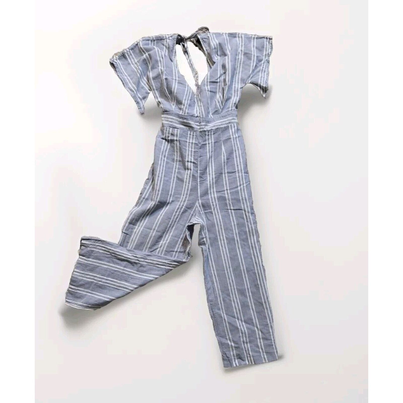 Zara Deep V Jumpsuit Romper Blue Stripe Open Back Wide Leg XS 3 Size 24" / US 00 / IT 34 - 3 Thumbnail