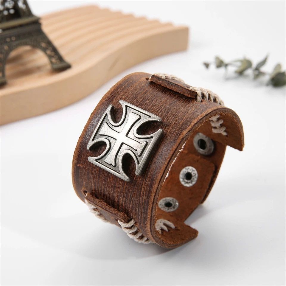 Jewelry × Vintage Weave Genuine Leather Cuff Wide Leather Cross Bracelet Size ONE SIZE - 4 Thumbnail