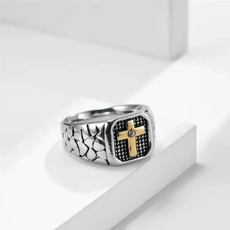 Jewelry x Vintage Titanium Retro Cross Ring in Silver, Men's
