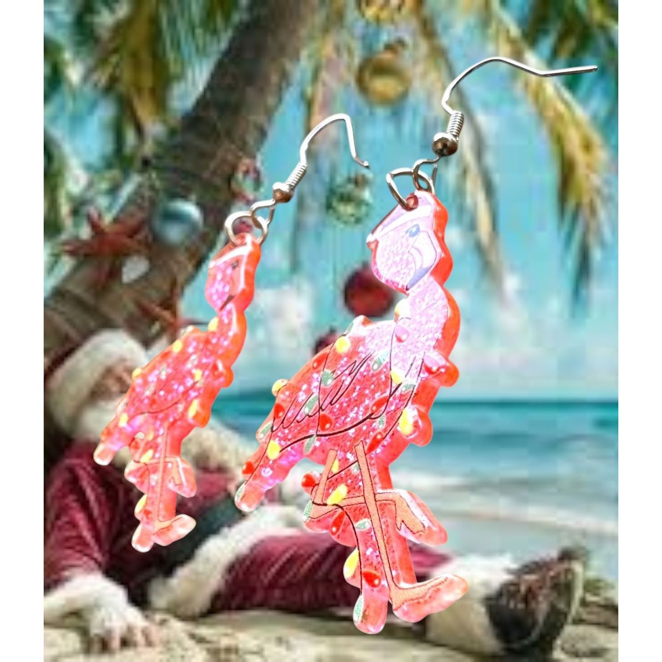 Handmade Christmas Flamingo Earrings New Santa Hat Holiday Lights Gli Size ONE SIZE - 8 Thumbnail