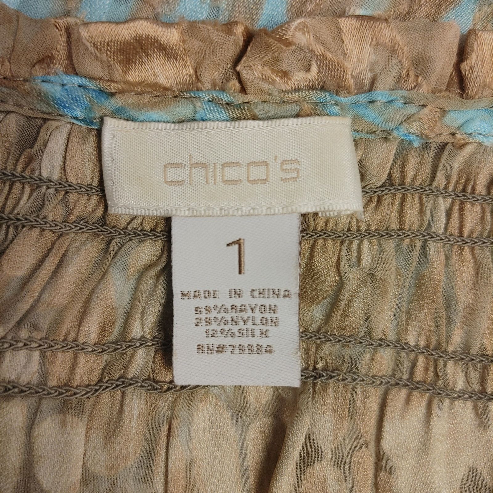 Chicos Chico's Women 1 Tan/Blue Boho Pattern LongSleeve Blouse Top Size XL / US 12-14 / IT 48-50 - 3 Thumbnail