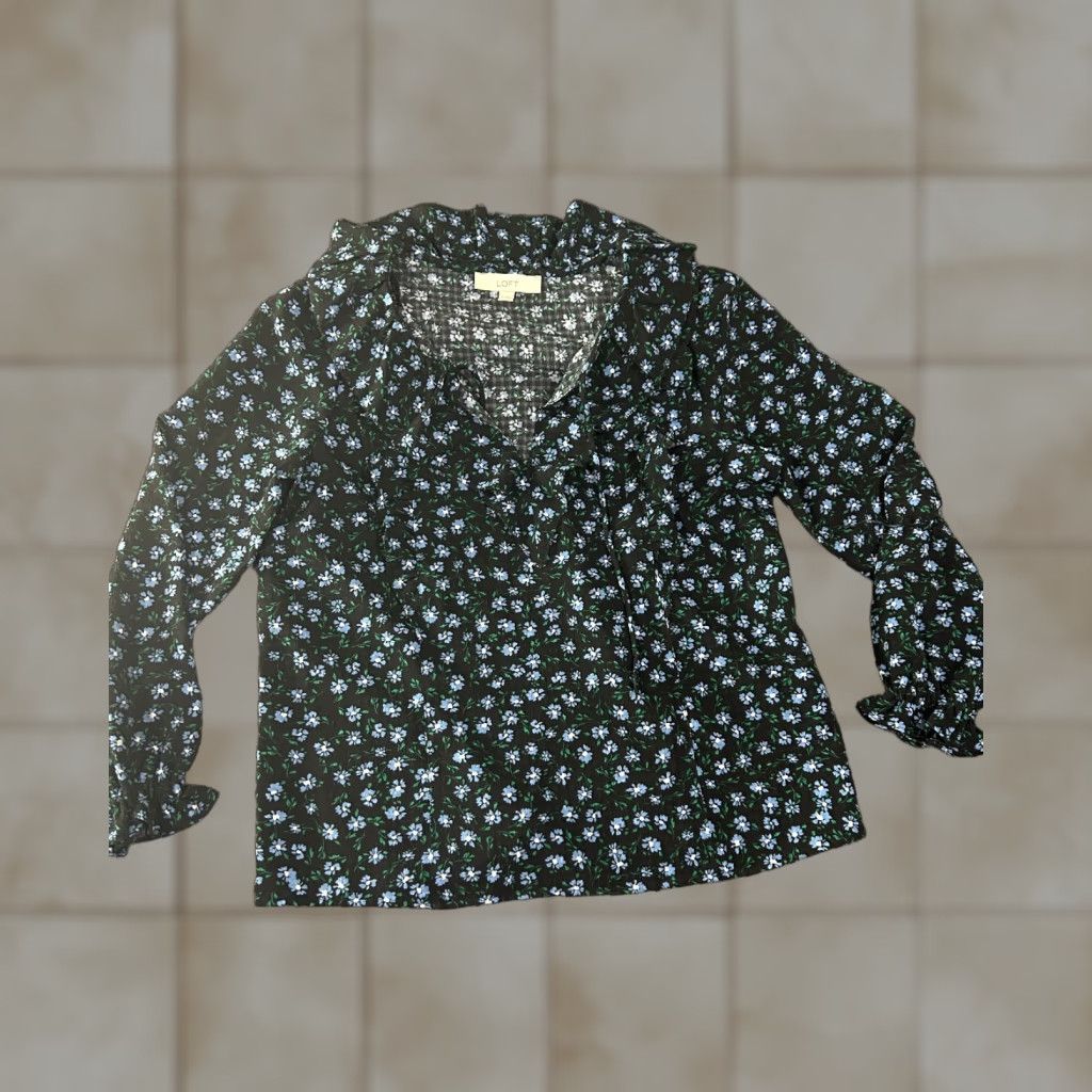 Loft LOFT Blouse Womens M Black Floral Long Sleeve V-Neck Ruffle Top Size M / US 6-8 / IT 42-44 - 1 Thumbnail