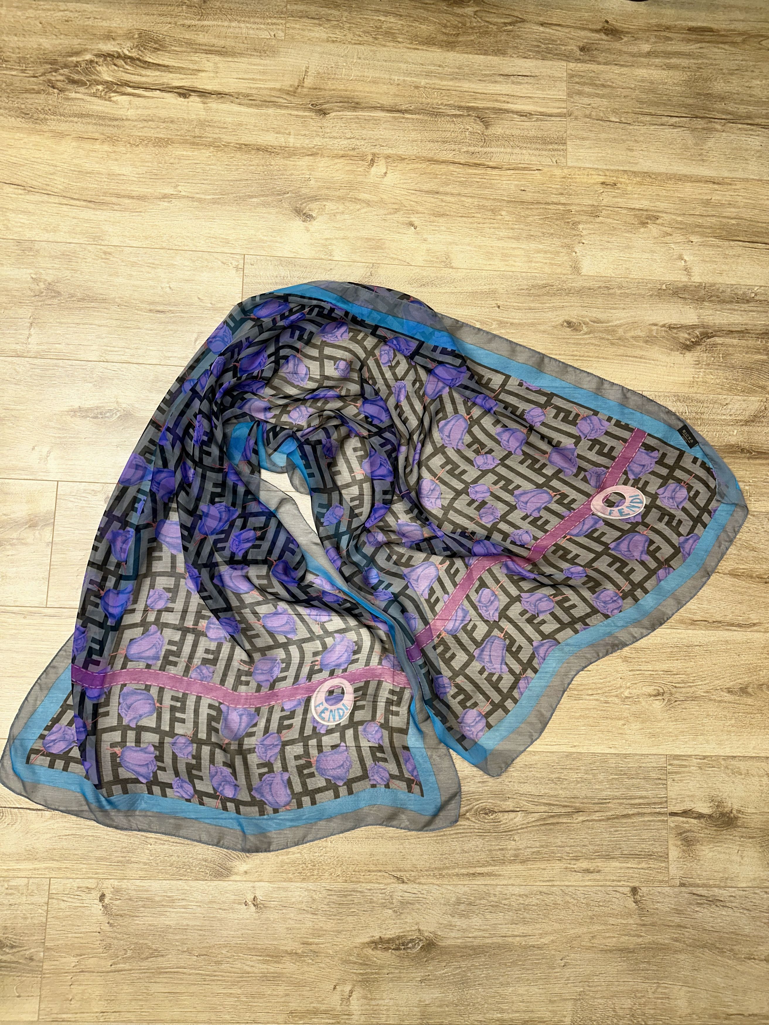 Fendi Fendi FF Logo Purple Floral Sheer Silk Scarf Large 170x72cm Size ONE SIZE - 4 Thumbnail