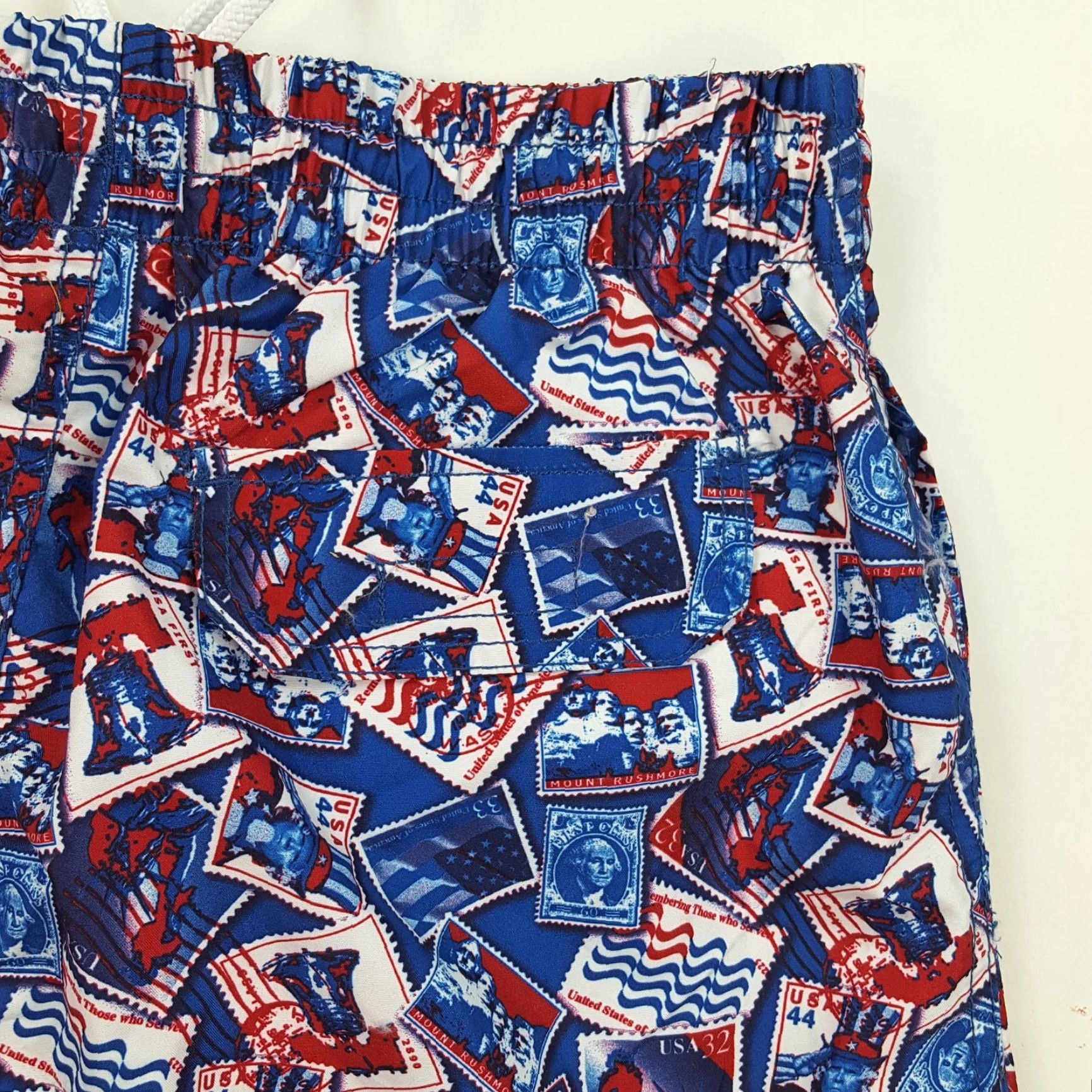 Vintage American Flag Patriotic Stamp Retro Print Mens Board Shorts Swimming Trunks Size S Blue USA Pattern All Over Print Islander Bottoms Swim Shorts Size US 29 - 5 Thumbnail