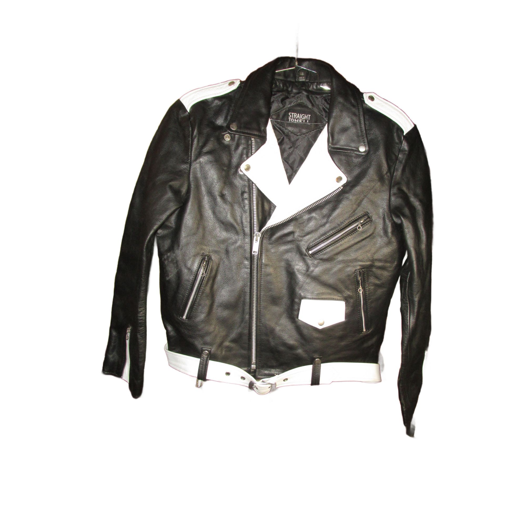 image of Straight To Hell Black And White Leather Commando Motorcycle Jacket in Black/White, Men's (Size XL)