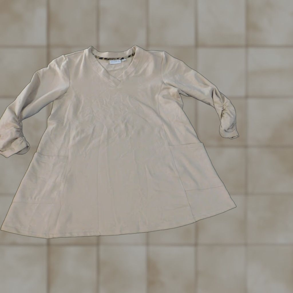 Vintage Susan Graver Blouse Tunic Shirt Womens L Beige Knit Stretch V-Neck Pullover Casual Pockets Cotton Polyester Spandex Knit Short for Spring Summer Size L / US 10 / IT 46 - 1 Thumbnail