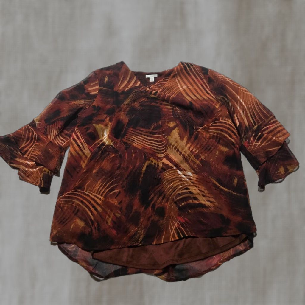 Bell Est. 1946 Shirt Blouse 3/4 Sleeve Bell Sleeve Scoop Neck Women's 20W Orange Brown/Orange Bell Sleeve Est. 1946 Shirt Womens 20W Size 3XL / US 20-22 - 1 Thumbnail