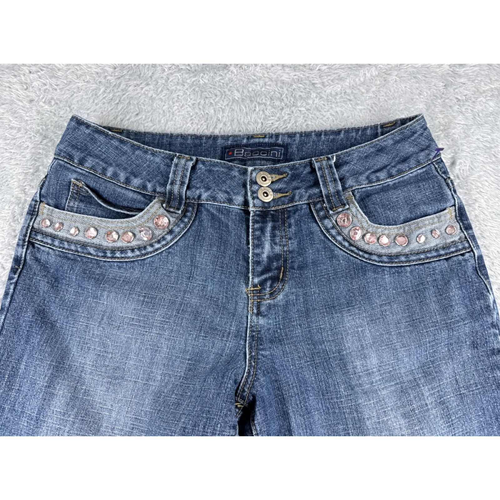 Denime Baccini Jeans Women 6 Blue Denim Bootcut 5-Pocket Embroidered Sequin Floral Cotton 30x31 Regular Capris Jeans Womens Size 28" / US 6 / IT 42 - 4 Thumbnail