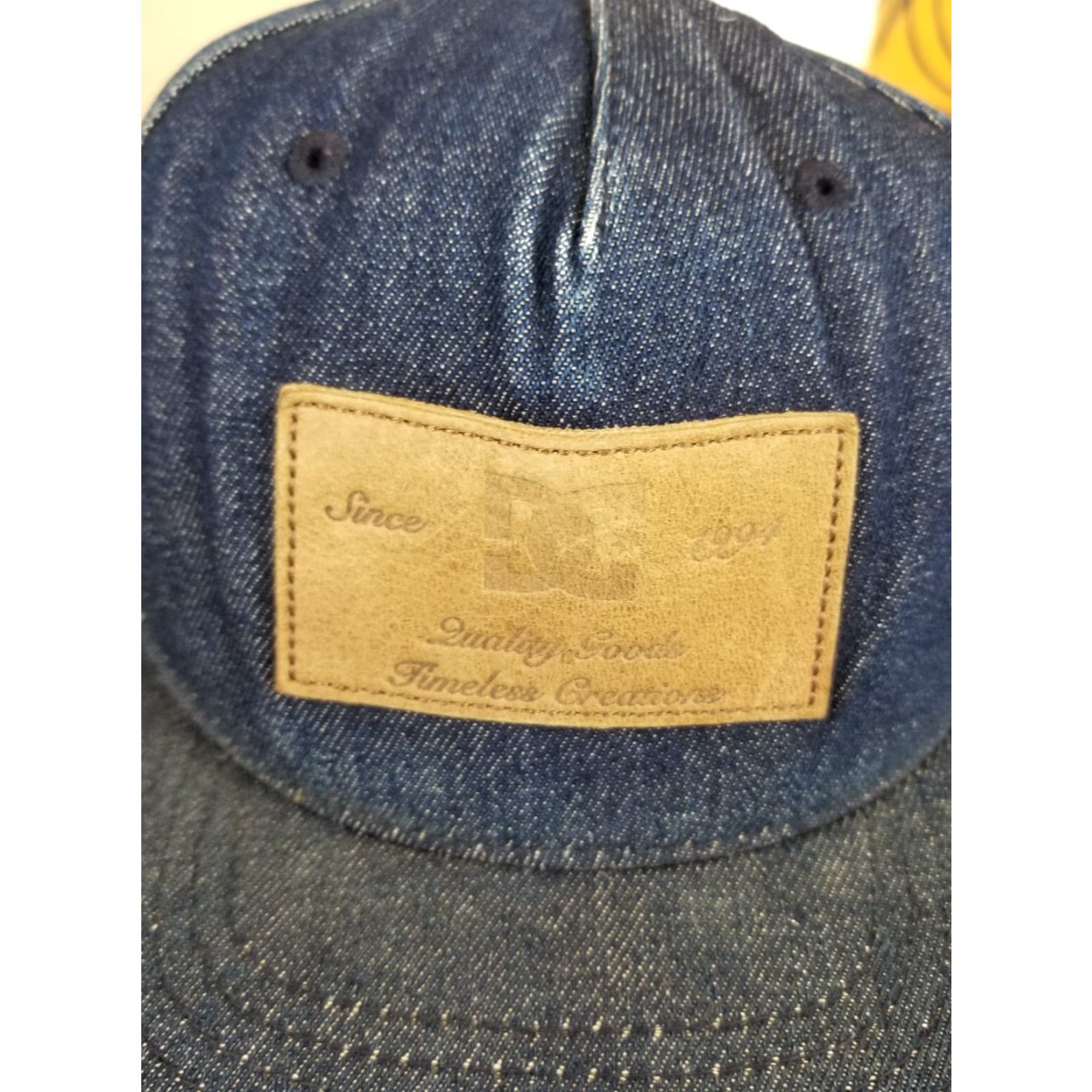 Vintage DC Shoes Skate Denim Hat Leather Patch Adjustable Denim Hat Blue 1990s Hip Hop Cap Mens Womens Boys Girls Size ONE SIZE - 2 Thumbnail
