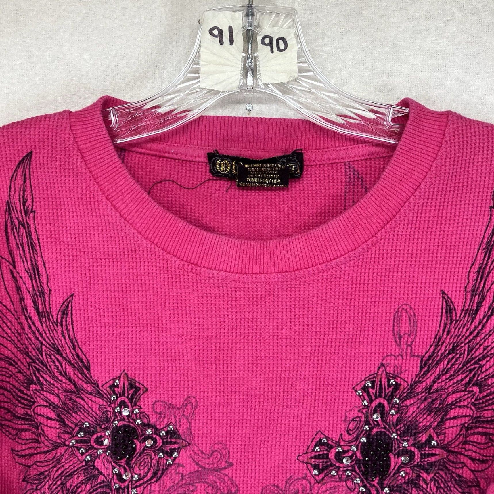 Vintage VINTAGE Old School Cross Wings Rhinestone Thermal Shirt Womens L Magenta Pink 90s Y2K Geometric Long Sleeve Crew Neck Size L / US 10 / IT 46 - 4 Thumbnail