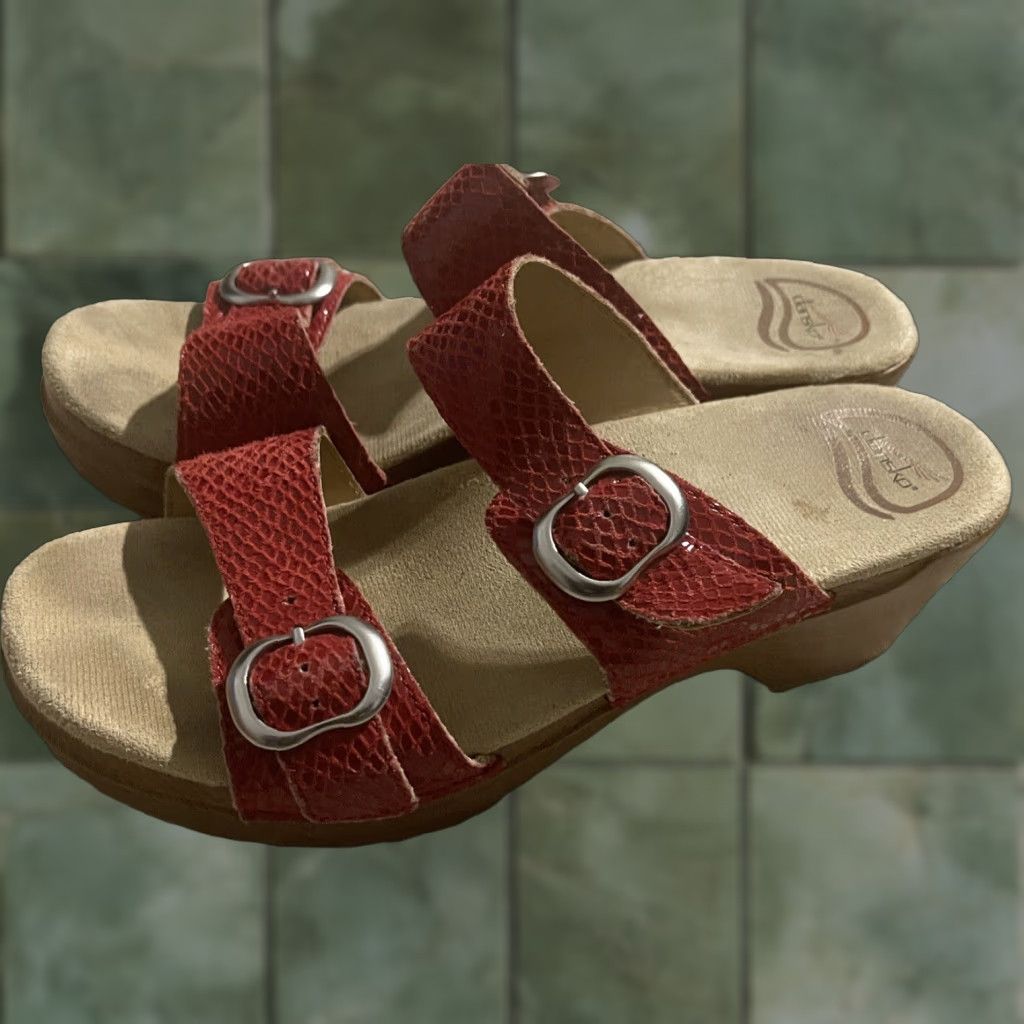 Dansko Dansko Sophie Red Snakeskin Leather Clog Sandals Slip On EU 39 US 8.5-9 Womens Walking Medium (M) Open Toe Wedge Sandal Casual Shoes Size US 8.5 / IT 38.5 - 1 Thumbnail