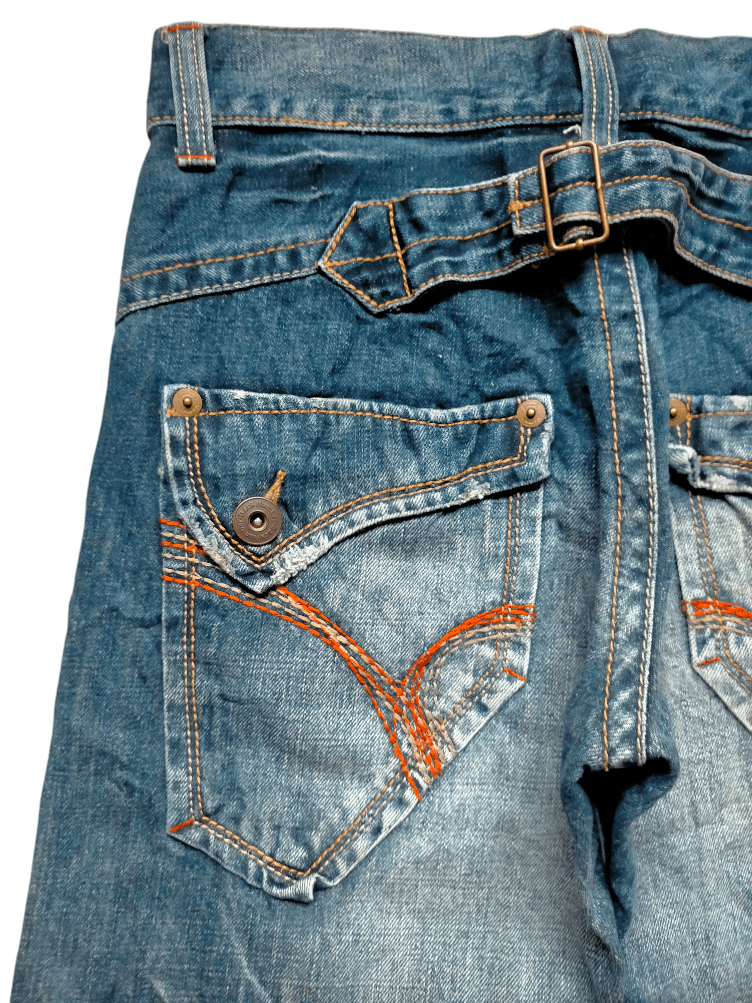 Back Number Acid Wash Bucklle Back Denim Pants