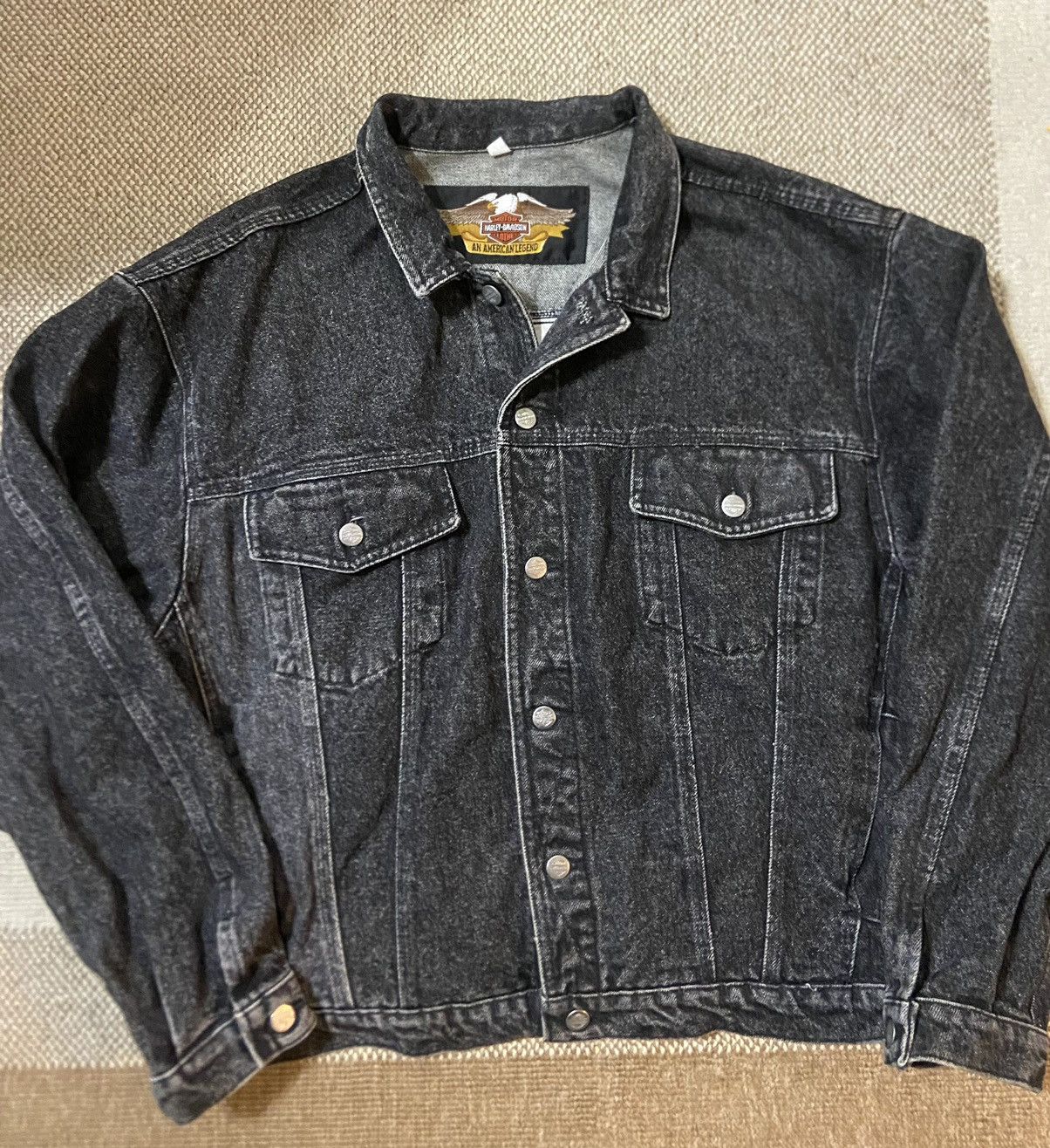 Harley Davidson × Vintage Vintage Embossed Harley Davidson Denim Black Jacjet Size US XL / EU 56 / 4 - 1 Thumbnail