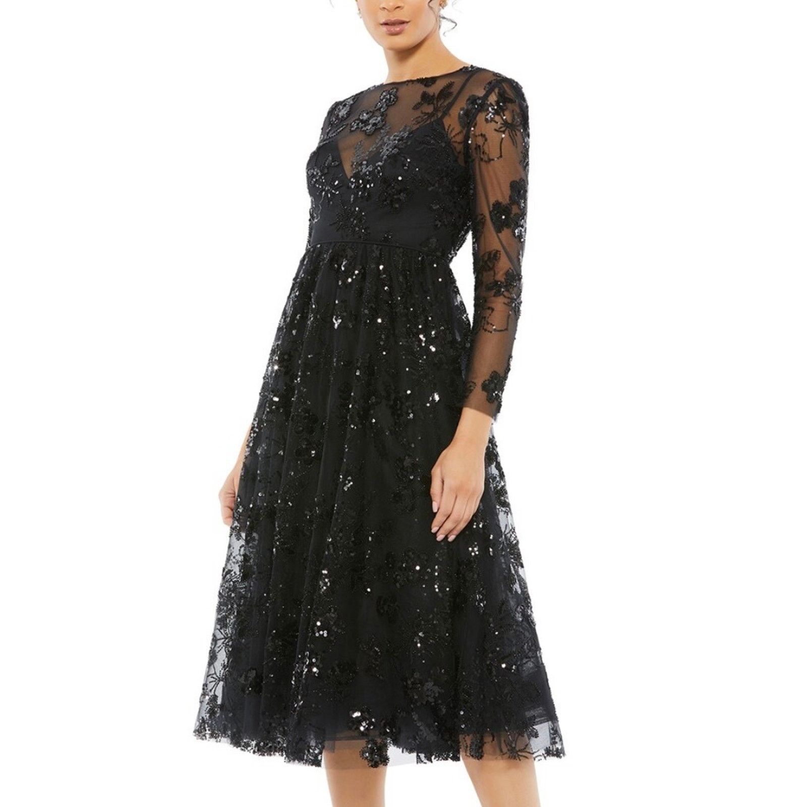 MACH & MACH Mac Duggal A-Line Midi Dress black sequin embellished size 2 Size XS / US 0-2 / IT 36-38 - 2 Thumbnail