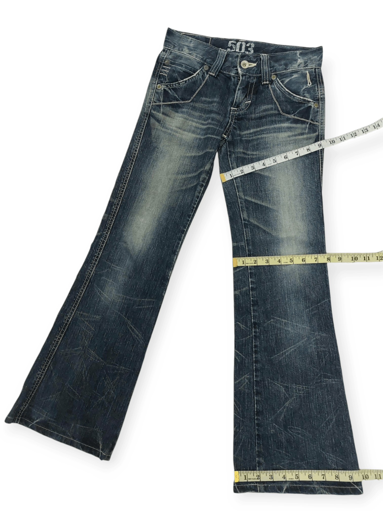 Edwin × Japanese Brand Flare Edwin 503 Blue Trip Buckle Back Denim Size 28" / US 6 / IT 42 - 23 Thumbnail