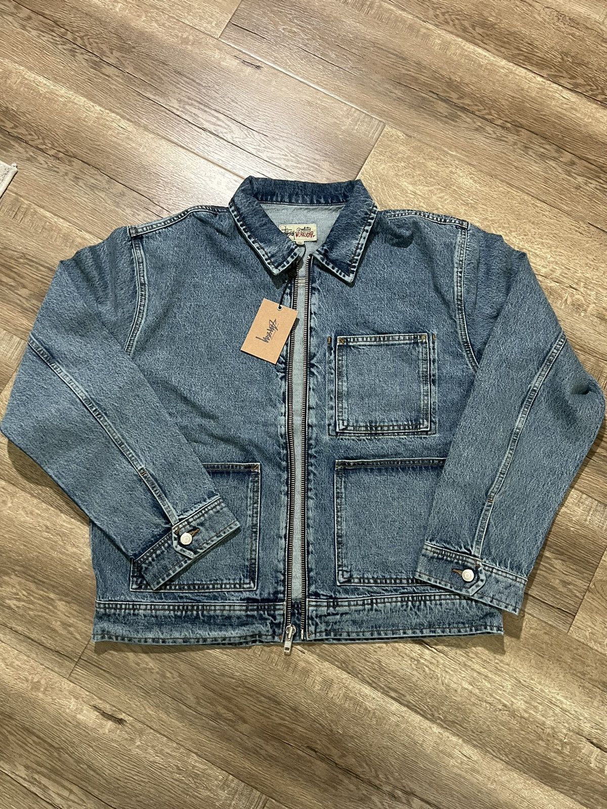 image of Stussy Zip Work Jacket Denim Washed Blue in Denim Blue, Men's (Size Small)