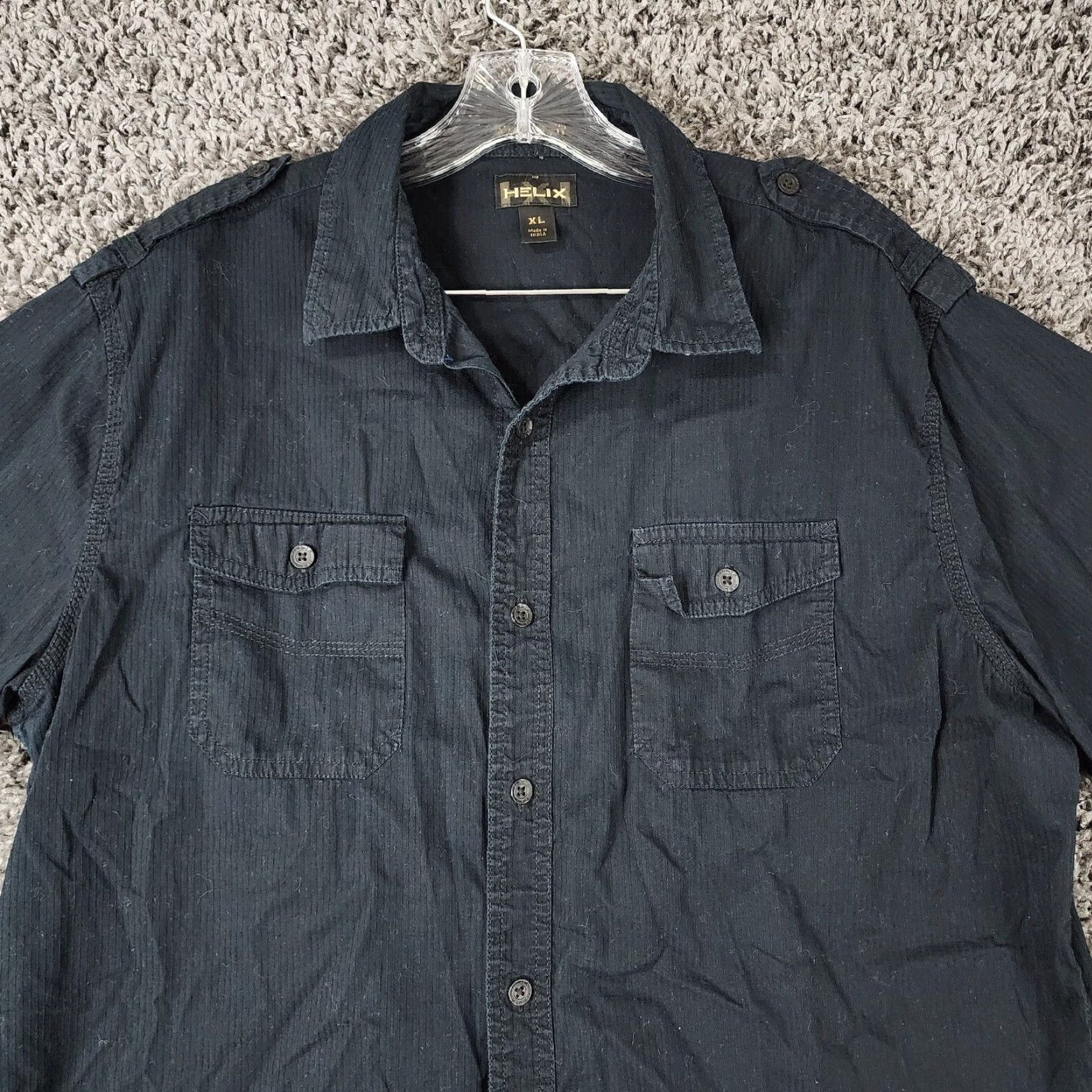 Vintage Helix Shirt XL Black Striped Athletic Fit Short Sleeve Button Up Mens Size US 36 / EU 52 - 4 Thumbnail