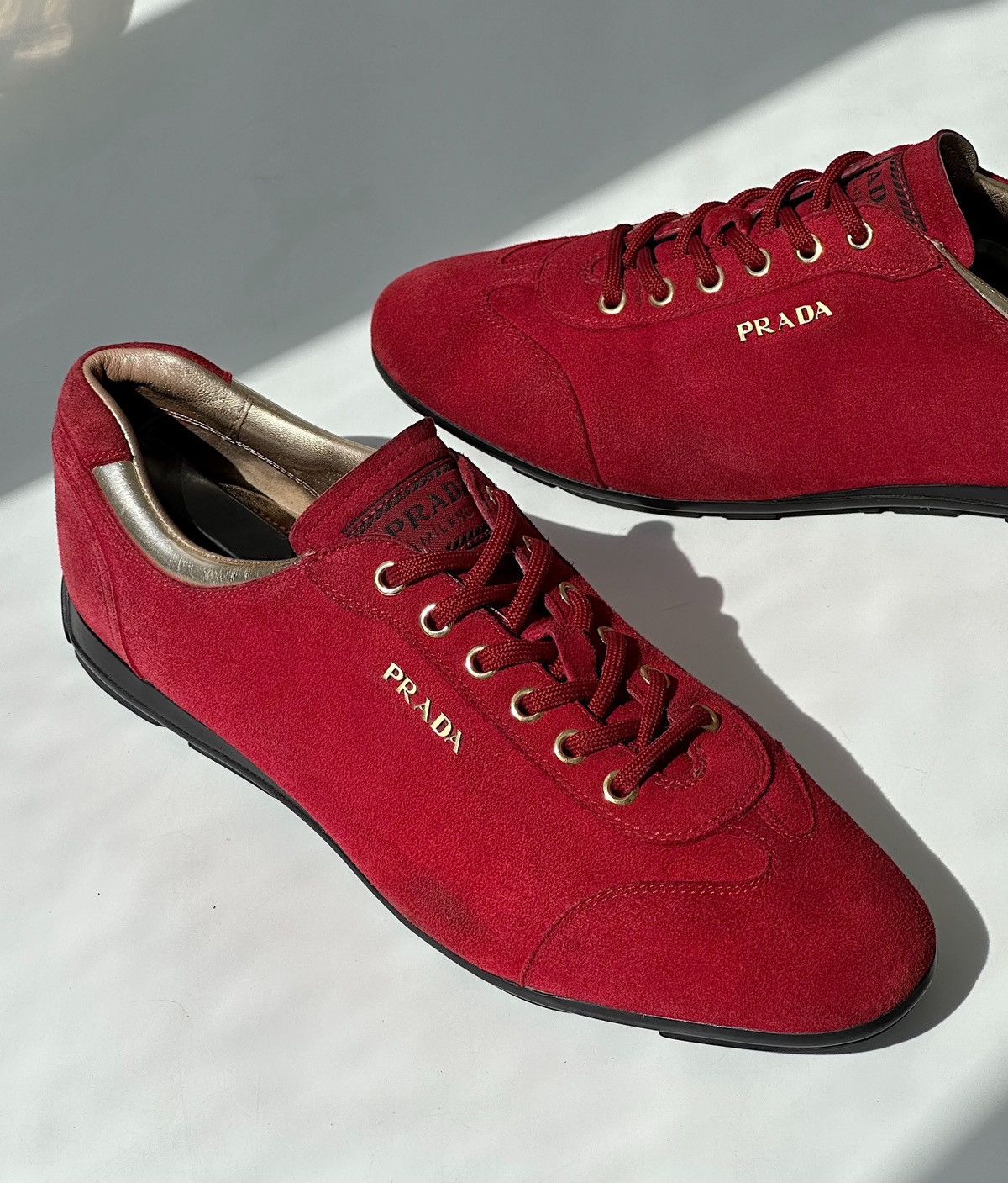 Prada $975 Low Profile Suede Logo Sneakers Vintage Shoes Miu in Red, Men's