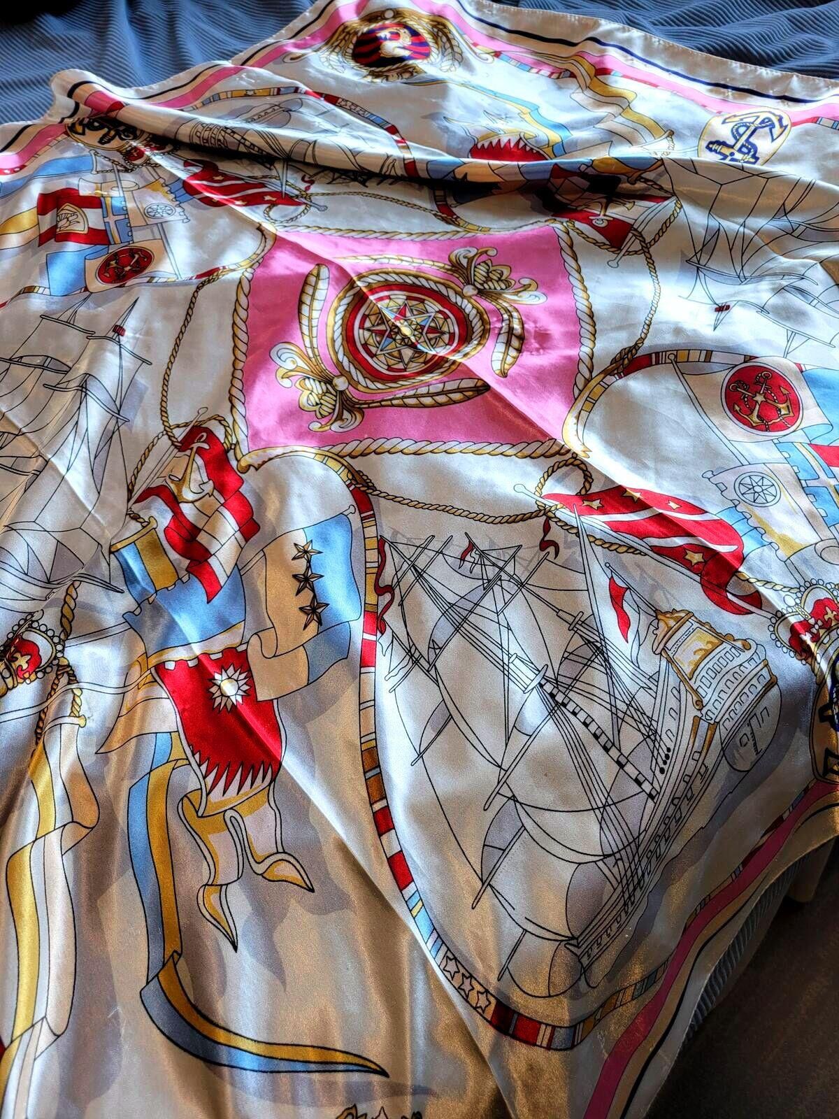 Unknown London Vintage Nautical Print Silk Scarf with Pink and Gold Accents Size ONE SIZE - 1 Thumbnail
