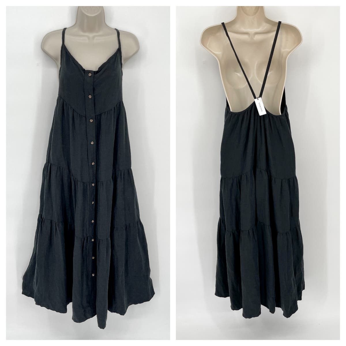 image of Anemos New The Flounce Tiered Midi Dress Linen Blend Size L in Black, Women's