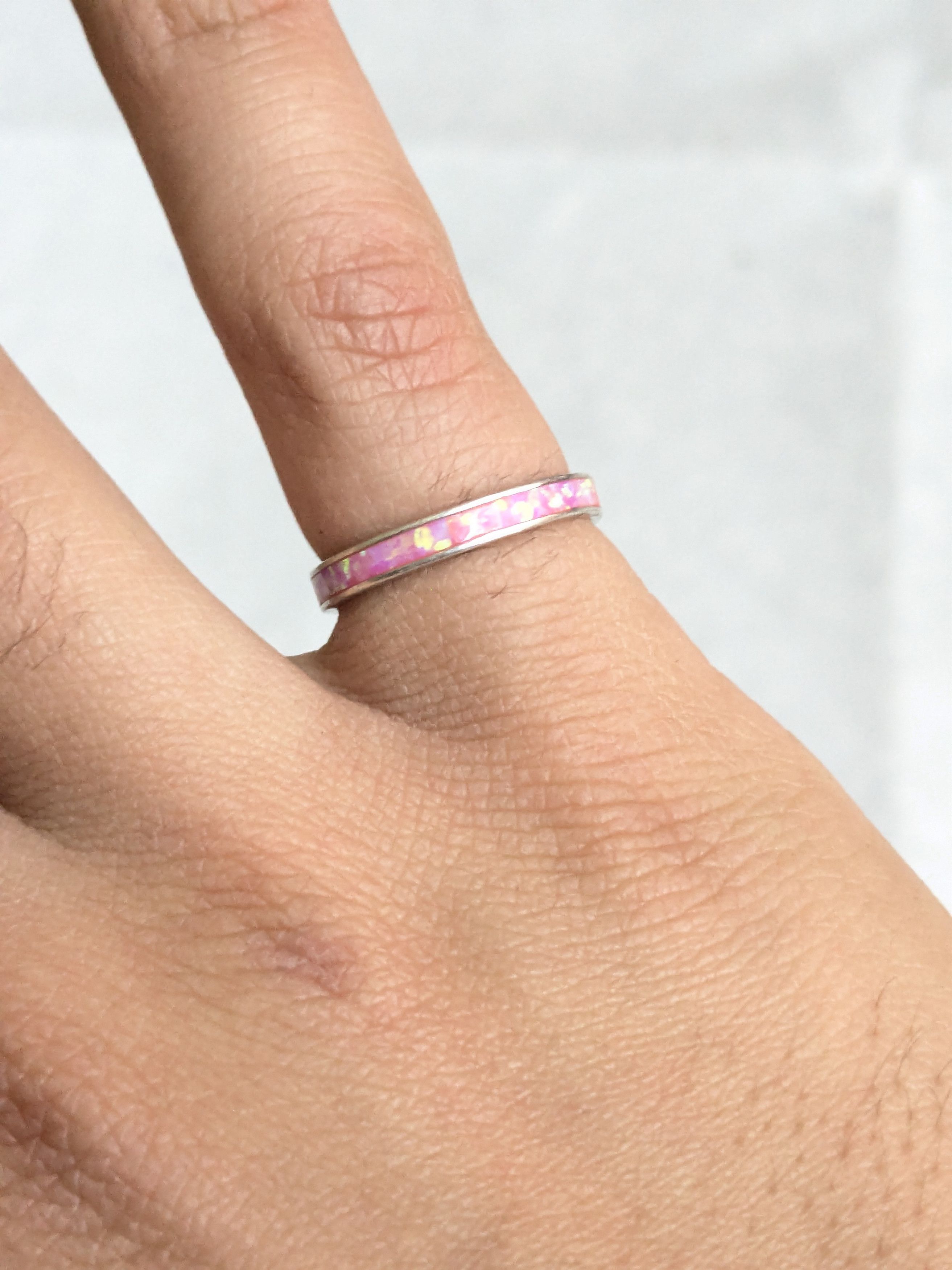 Jewelry Sterling Silver Ring Pink Lab Opal 6.75 Eternity Band Size ONE SIZE - 7 Thumbnail