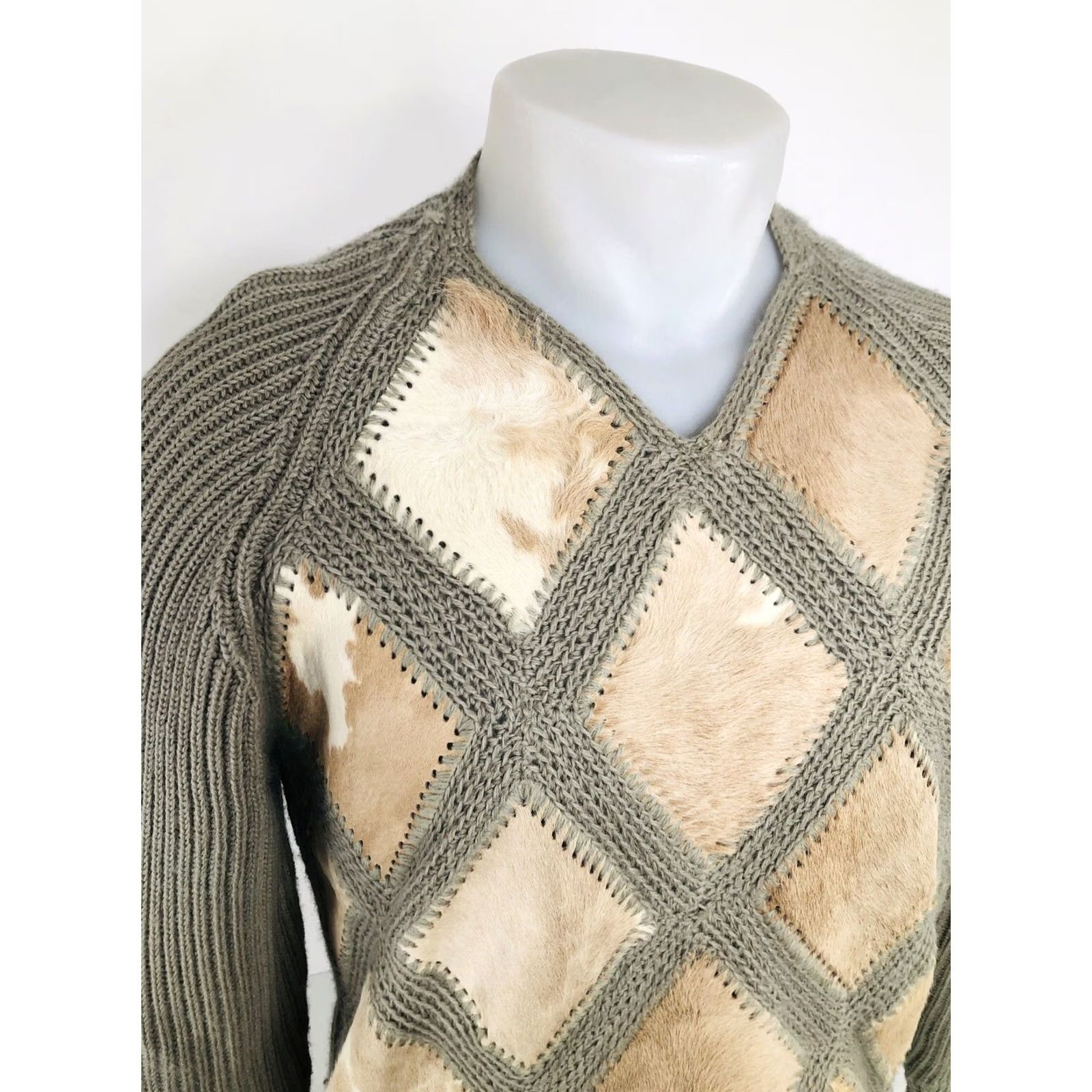 Vintage Shillito's Italy Vtg. Wool & Cow Hide Suede Leather Mens Sm. Sweater Shirt Regular S Greenish Beige / Tan 90s Italy Mens Size US S / EU 44-46 / 1 - 2 Thumbnail