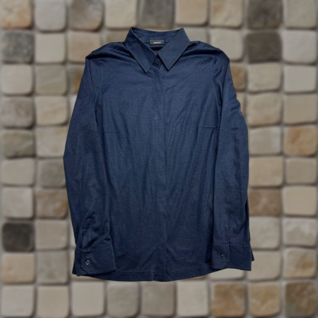 Akris Shirt Womens 10 Blue Mulberry Silk Jersey Stretch Relaxed Casual Button Up