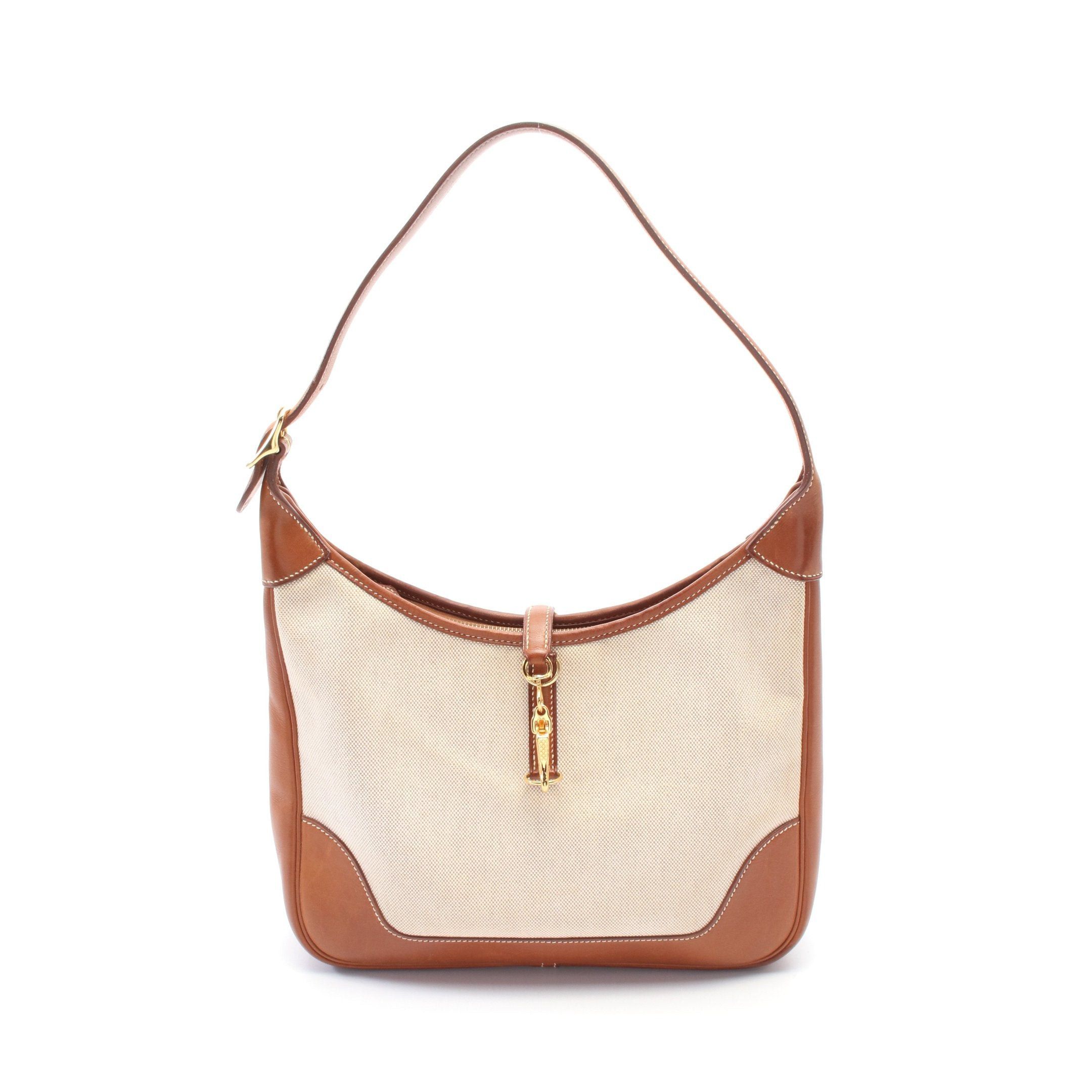 Hermes Trim 31 Shoulder Bag Toile Ash Leather Beige Brown Gold Hardware B Stamp (Manufactured Around 1998), Women's