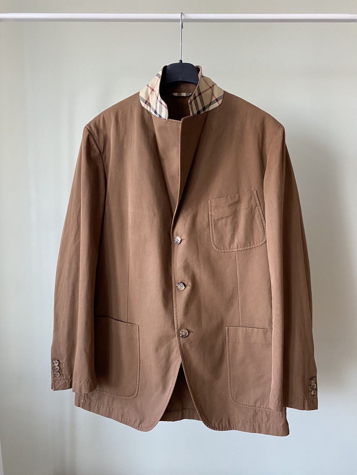 image of Burberry London Nova Check Collar Blazer Tailored Jacket in Camel, Men's (Size Large)