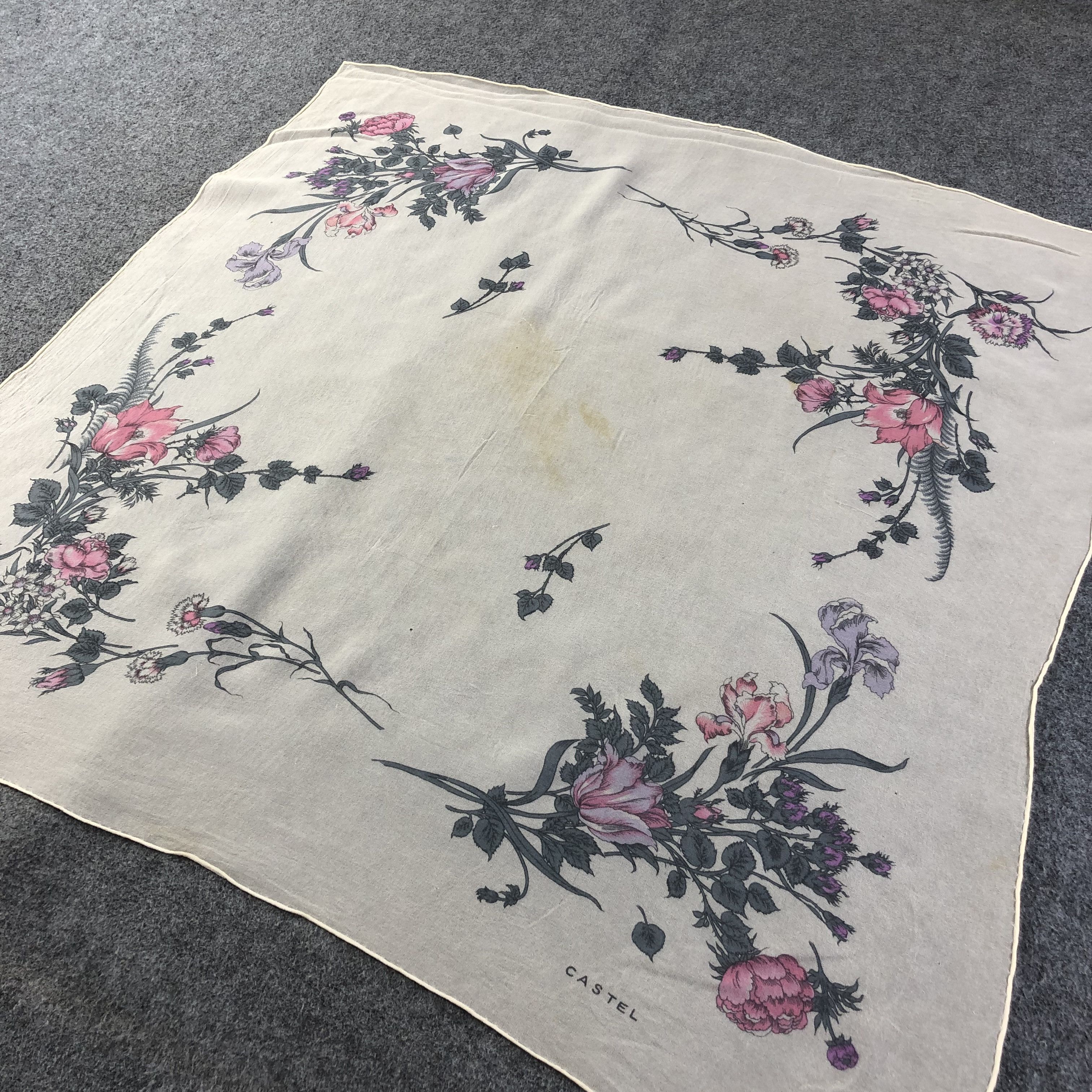 Vintage Castel Floral Hand Rolled Silk Scarf M738 Size ONE SIZE - 2 Thumbnail