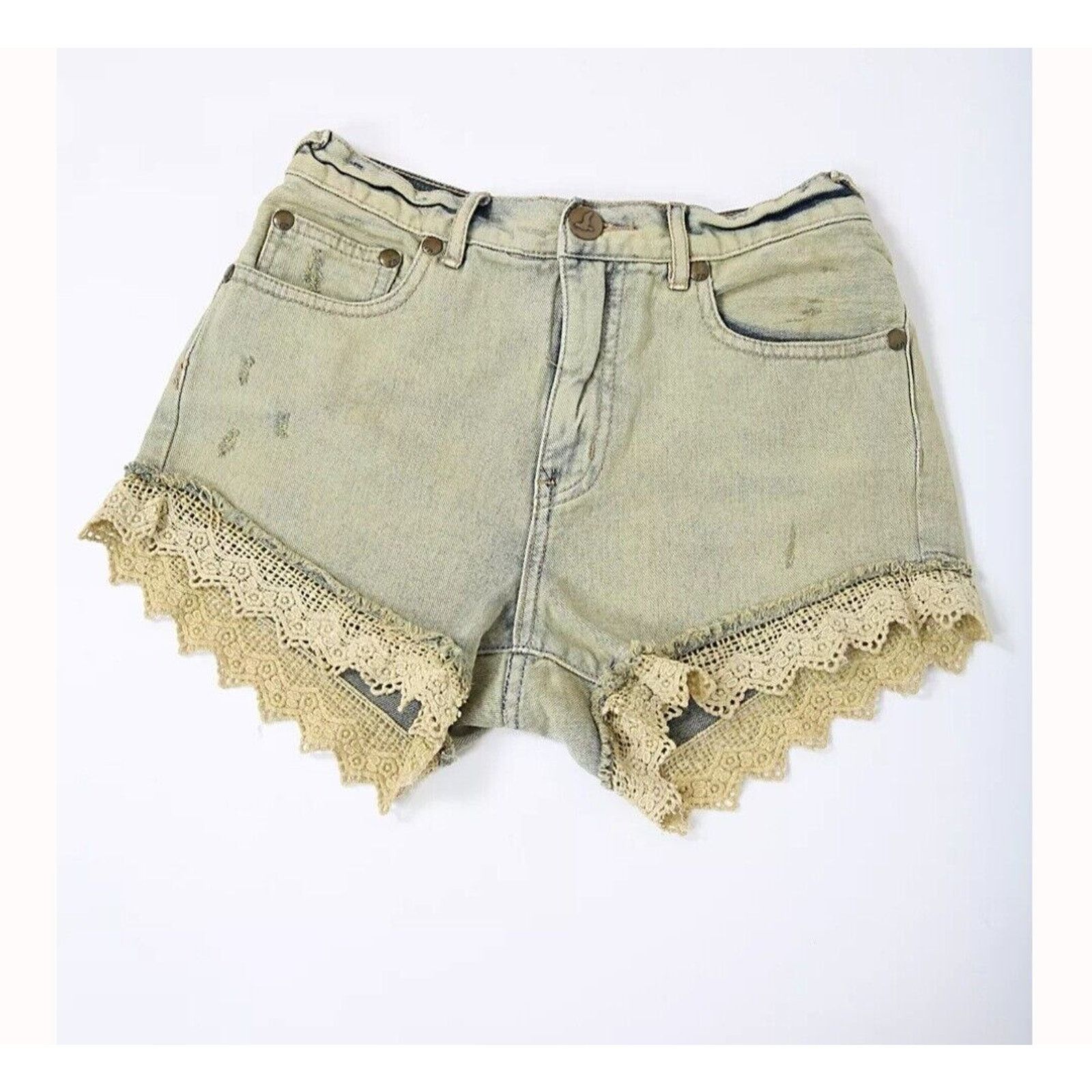 Free People Lace Hem Denim Shorts 25 Cottagecore Coquette