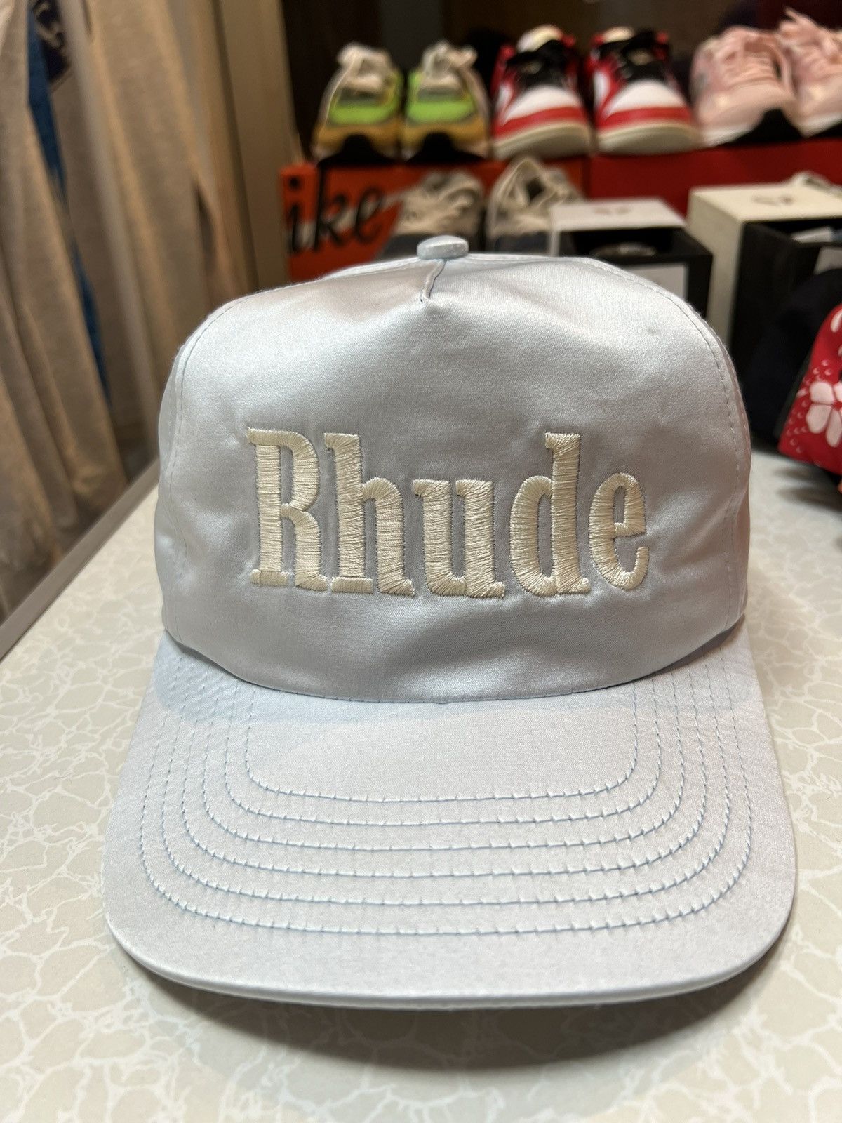 image of Rhude Logo Hat Silk Satin in Baby Blue, Men's