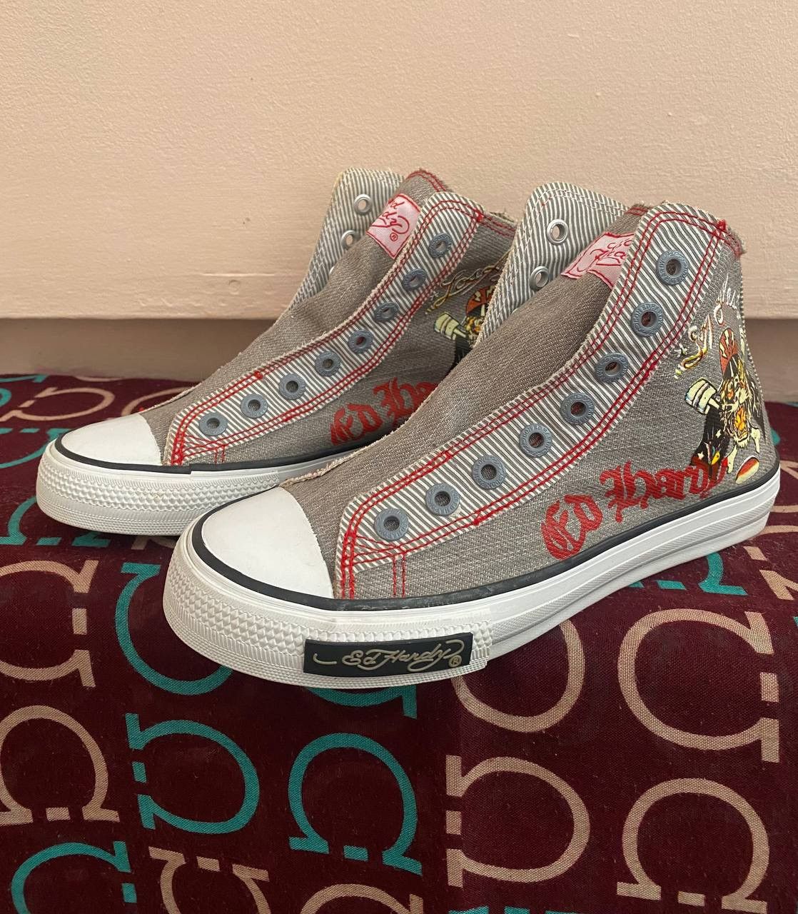 Christian Audigier × Ed Hardy × Vintage NEW! Vintage Ed Hardy Hi Top Sneakers Rare Fish Mermaid Y2K Size US 5 / IT 35 - 4 Thumbnail