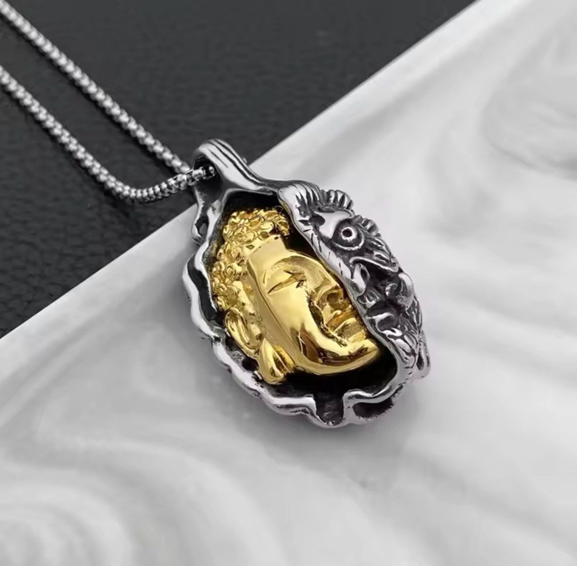 Designer × Japanese Brand Punk Rare Carved Dual Buddha Stainless Steel Silver Necklace Size ONE SIZE - 4 Thumbnail