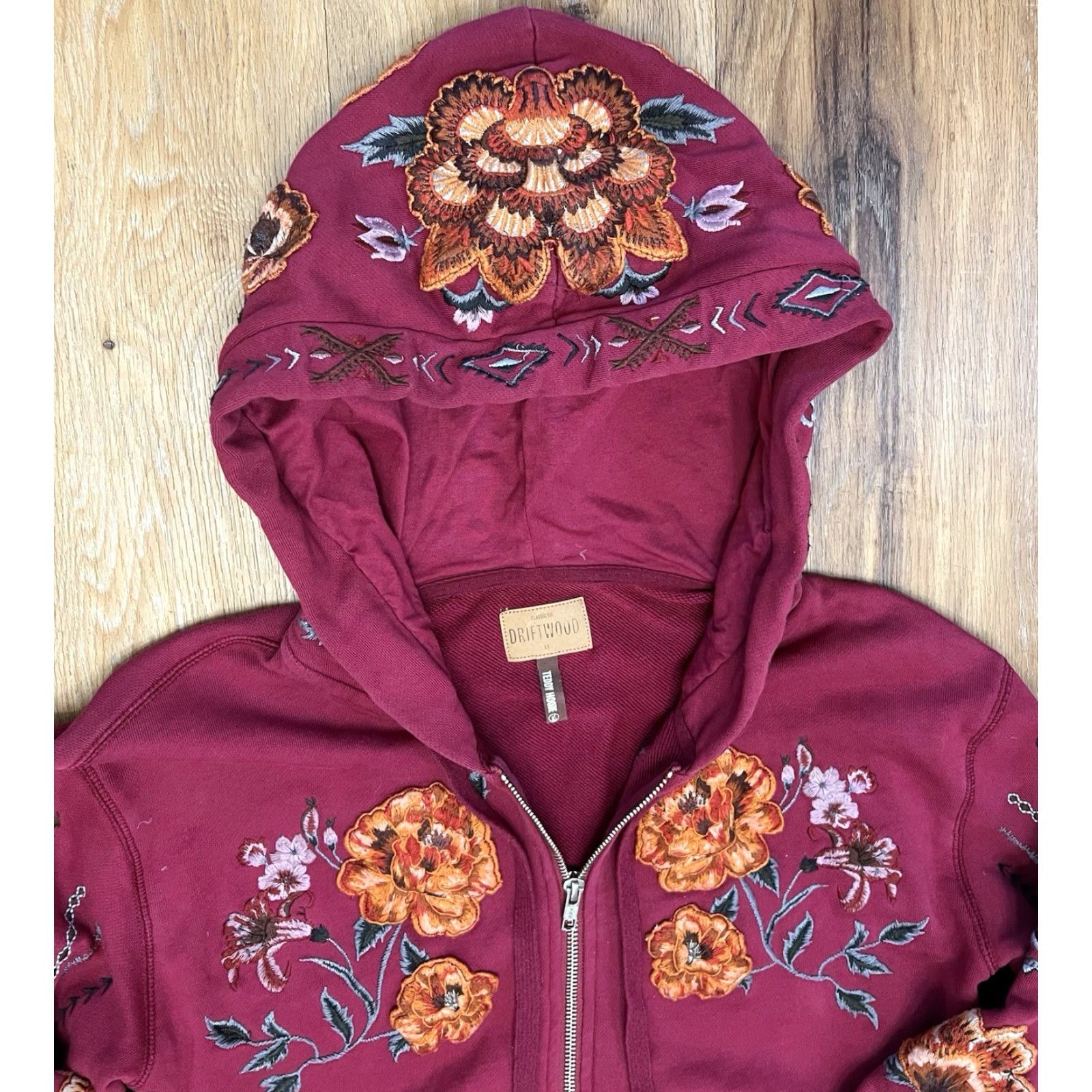 Vintage Driftwood Hoodie Shirt Maroon Floral Embroidered Zip Up Long Sleeve Hooded XS Women Size XS / US 0-2 / IT 36-38 - 3 Thumbnail
