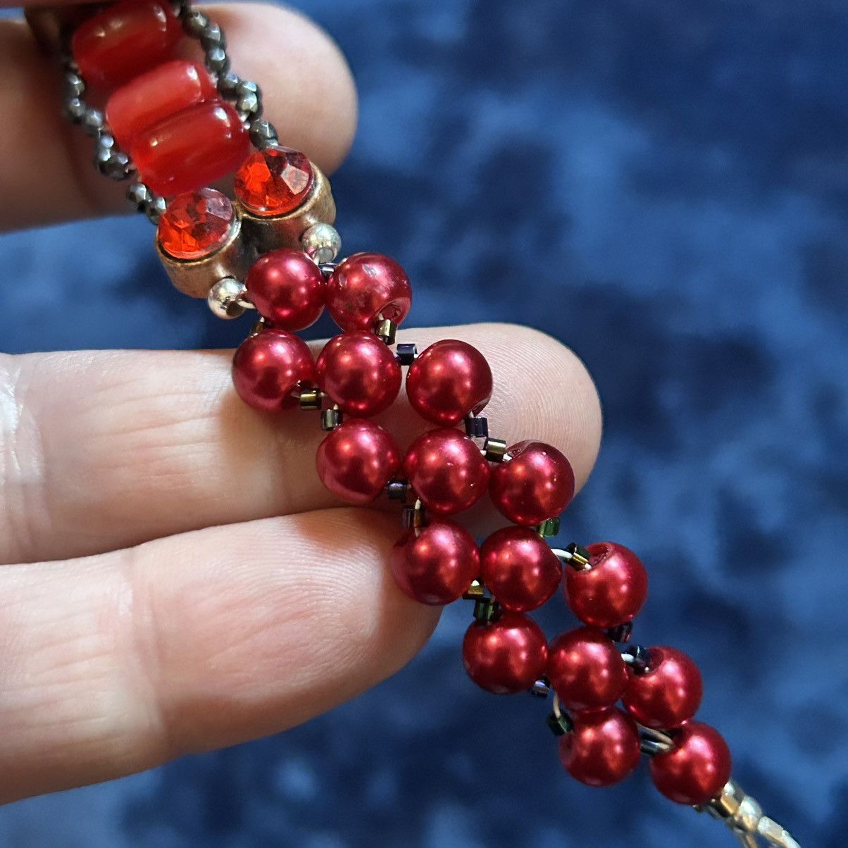 Handmade Handcrafted ruby red Czech glass pearl cat eye bracelet Size ONE SIZE - 4 Thumbnail