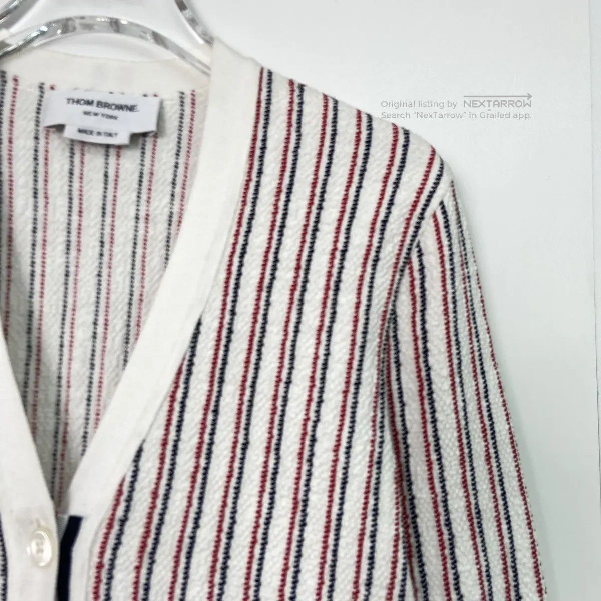 Thom Browne Vertical‑stripe V‑neck Knit Cardigan Kkkkwx2608 in White, Women's (Size Xs) — image 3 of 6