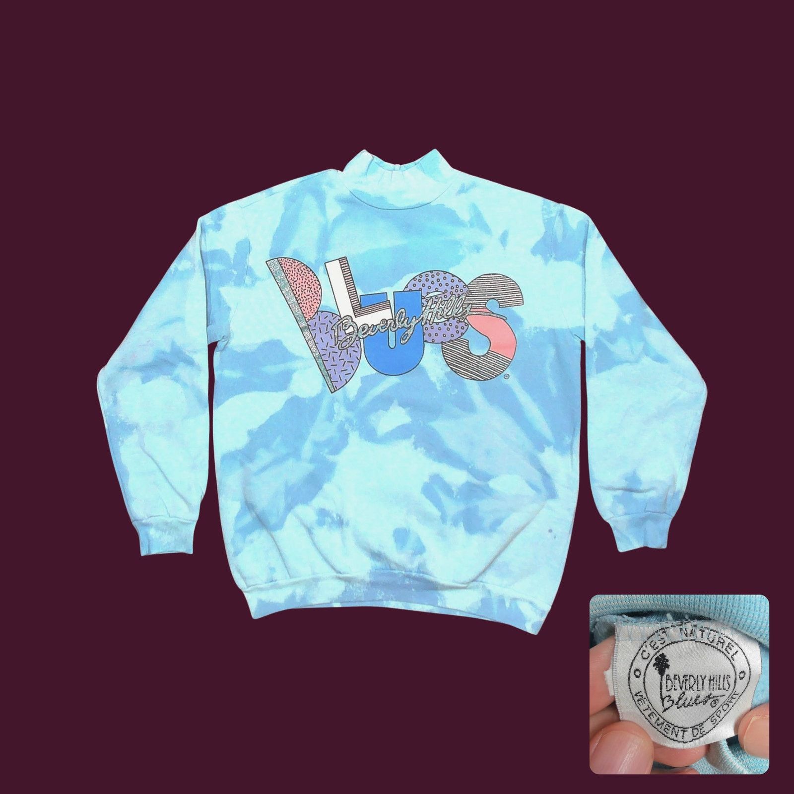 Vintage 80s Beverly Hills Blues Boxy Tie Dye Mock Neck M Size M / US 6-8 / IT 42-44 - 1 Thumbnail