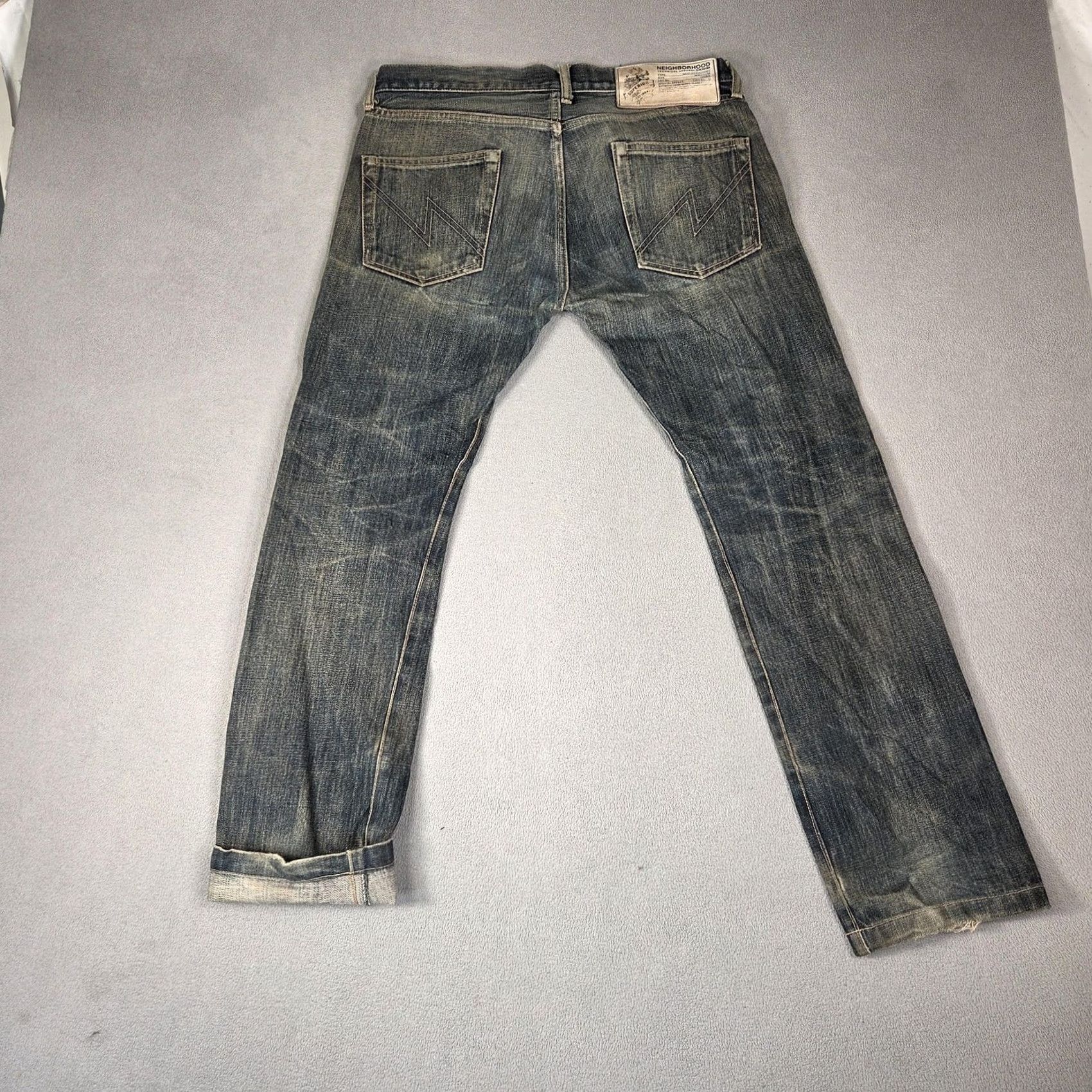 Neighborhood Neighborhood Jeans Mens Selvedge Whiskers Honeycomb Tracks Straight Fits 32x28 Denim Cotton Zip Pockets Blue 5579 Size US 32 / EU 48 - 2 Thumbnail
