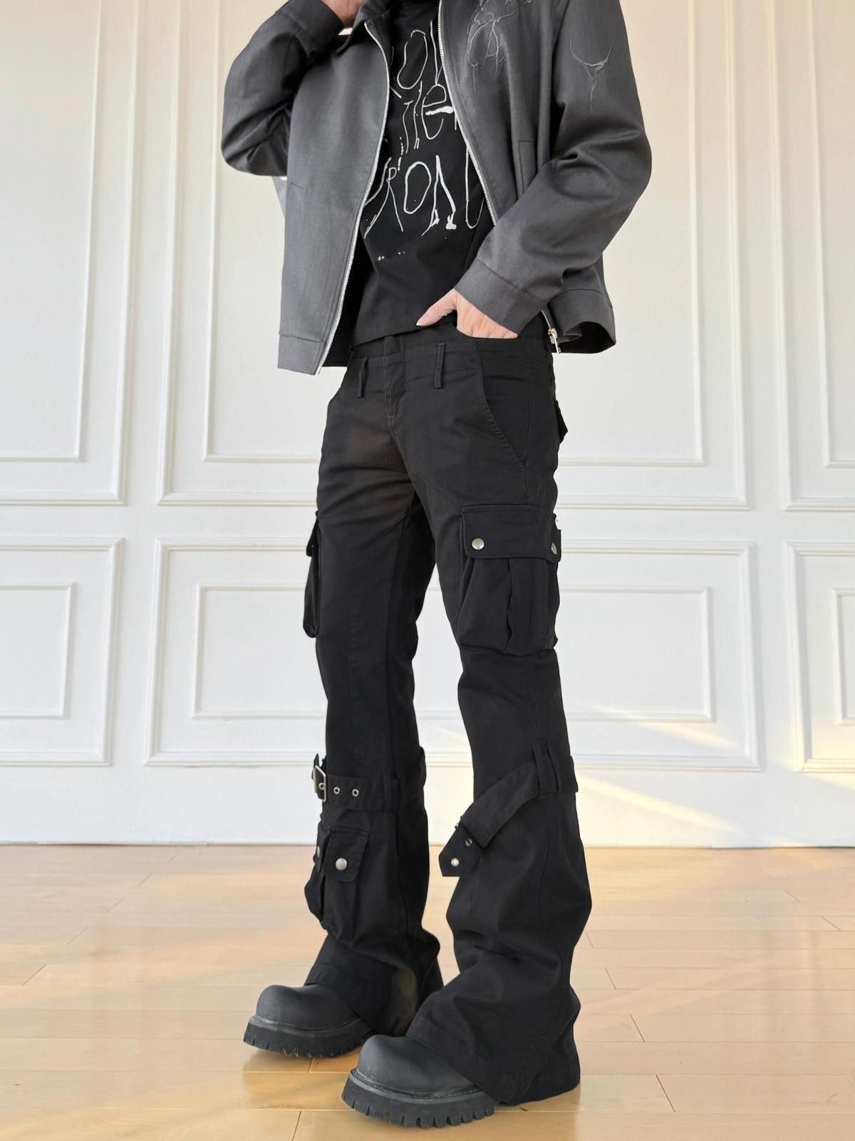 Other Black Cargo Flared Stacked Pants with Straps Size US 32 / EU 48 - 2 Thumbnail