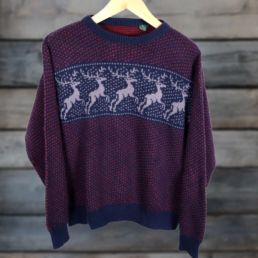 Vintage VINTAGE Men's XL Dark Red Blue Birdseye Sweater Crewneck Knit Reindeer Motif 90s Size US XL / EU 56 / 4 - 1 Thumbnail