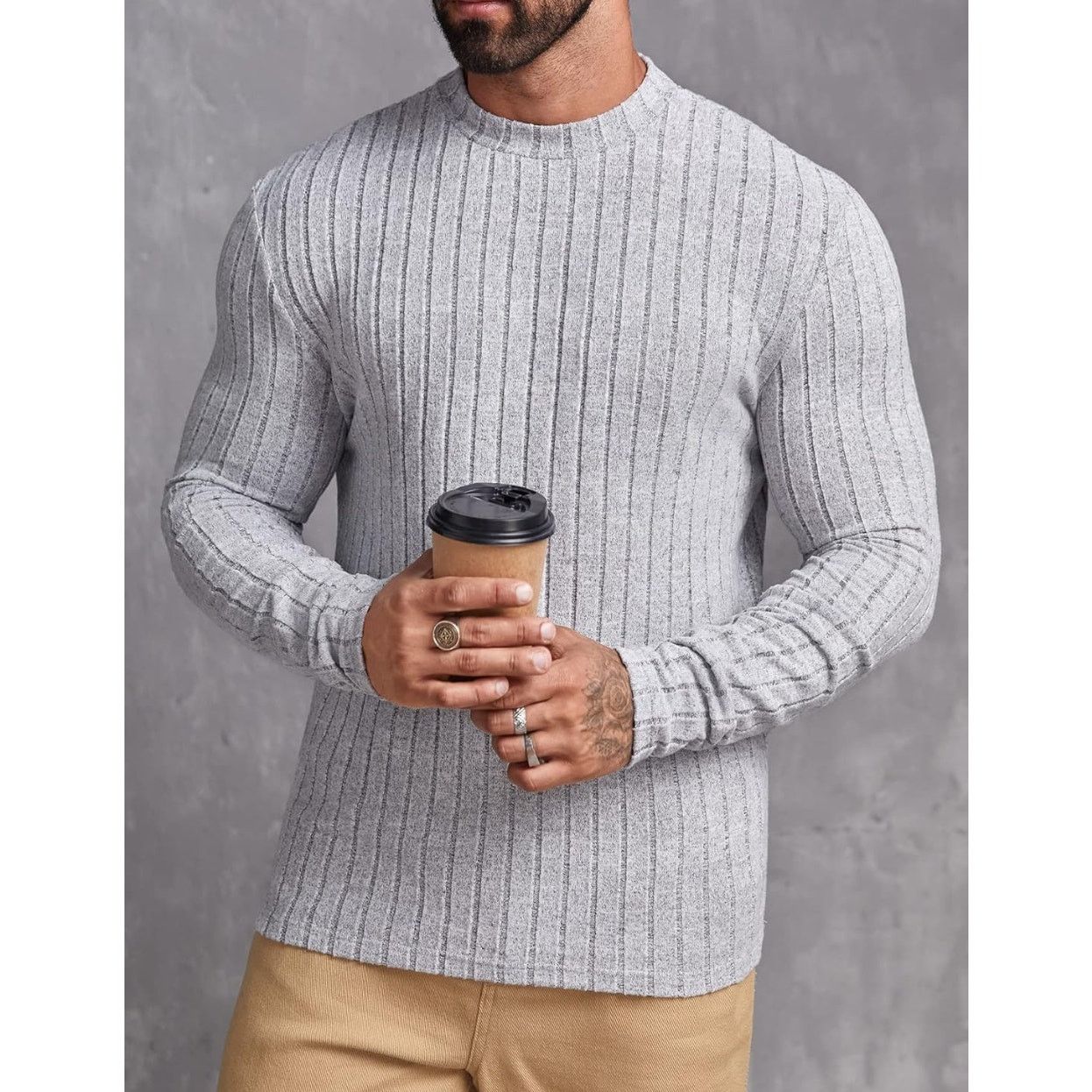The Unbranded Brand Size Large Men Mock Neck Ribbed Knit shirt gray Size US L / EU 52-54 / 3 - 4 Thumbnail