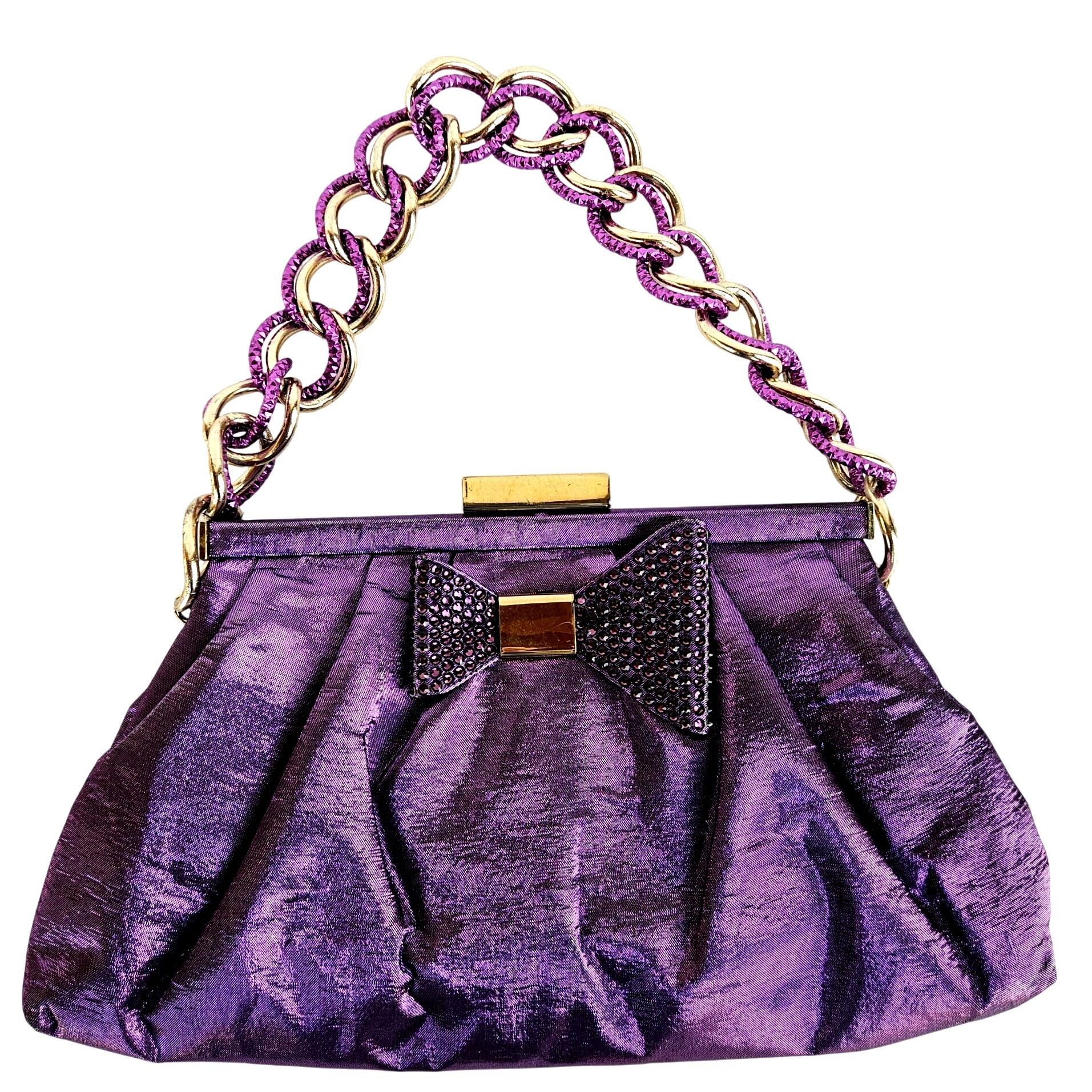 Other Fabiana Mori Italian Purple Satin Evening Bag Rhinestone Bow Size ONE SIZE - 1 Thumbnail