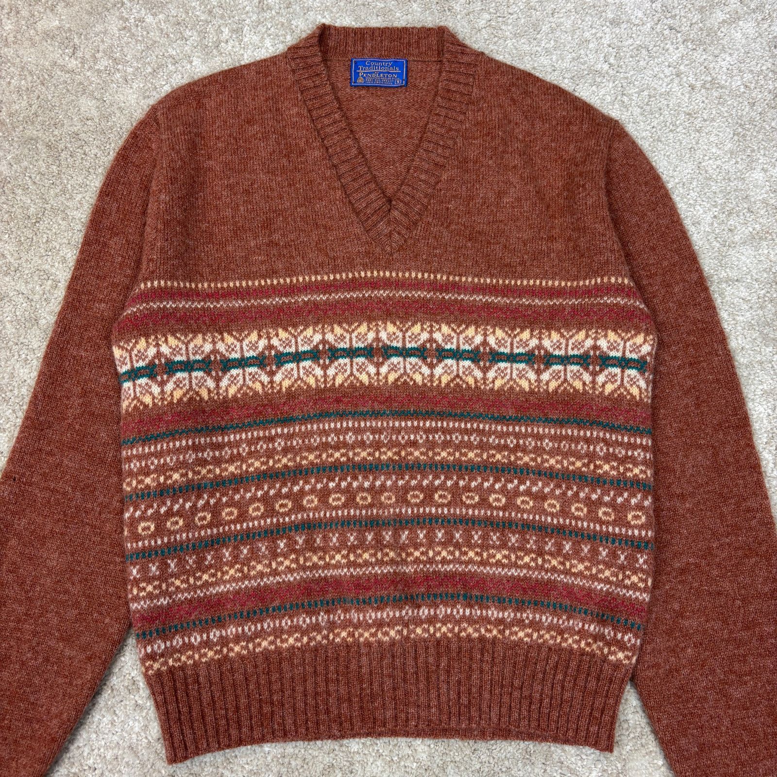 Pendleton × Vintage Vintage 80s Pendleton Wool V Neck Fair Isle Sweater Men's S Size US S / EU 44-46 / 1 - 2 Thumbnail