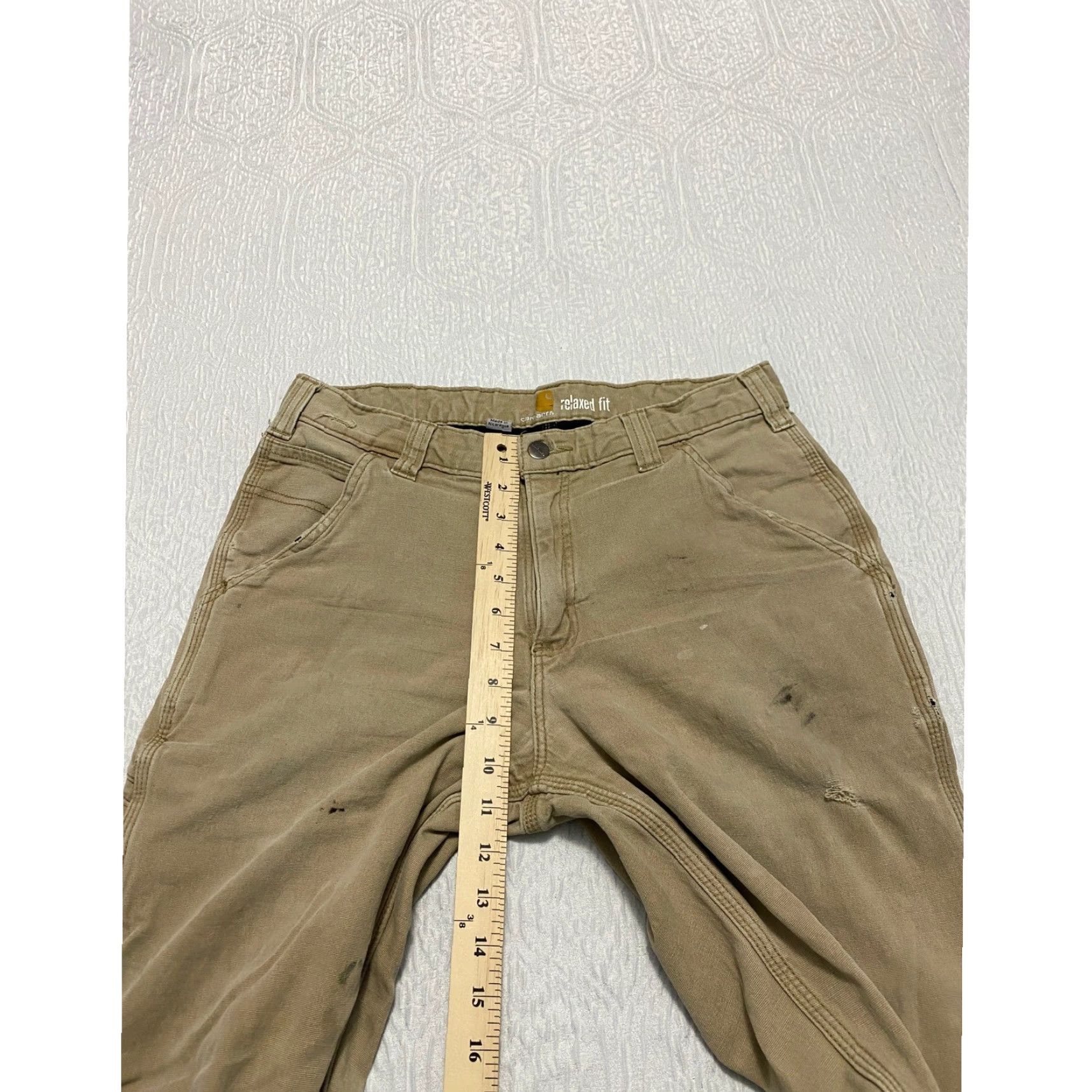 Carhartt Carhartt Relaxed Fit Lined Carpenter Pants Mens 32x28 Khaki Distressed Rip, Utility Pockets, 5-Pocket Design, Canvas Workwear Pants Size US 32 / EU 48 - 7 Thumbnail