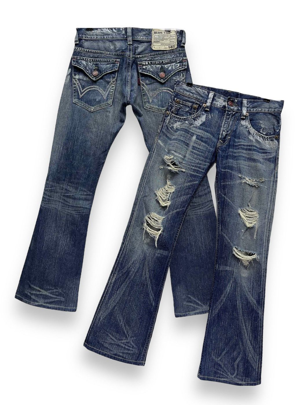Edwin FYE FLARE🔥Vintage EDWIN BLUE TRIP Ripped Distressed Denim Size US 30 / EU 46 - 2 Thumbnail